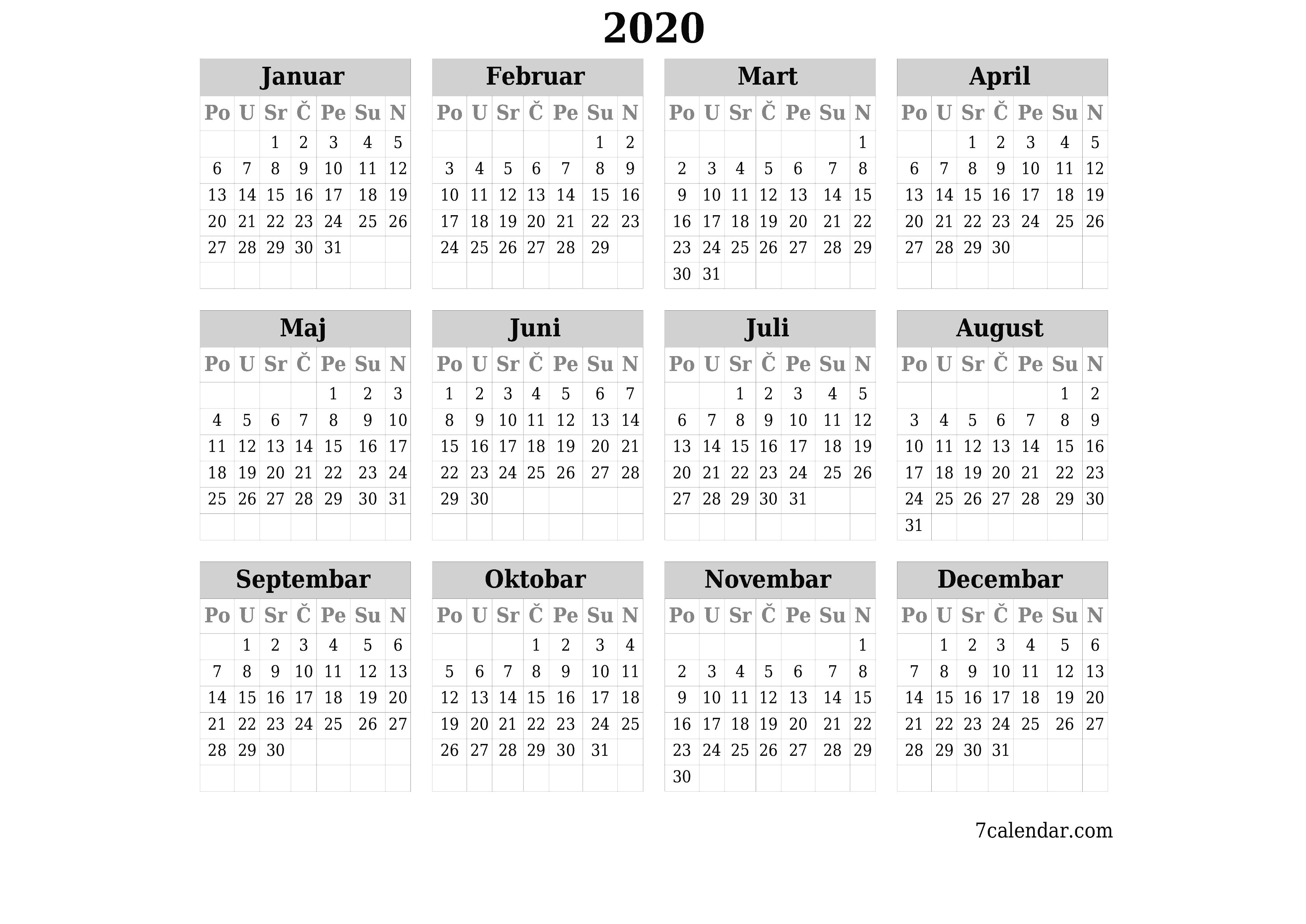 Ispraznite godišnji kalendar planera za godinu 2020 s bilješkama, spremite i ispišite u PDF PNG Bosnian
