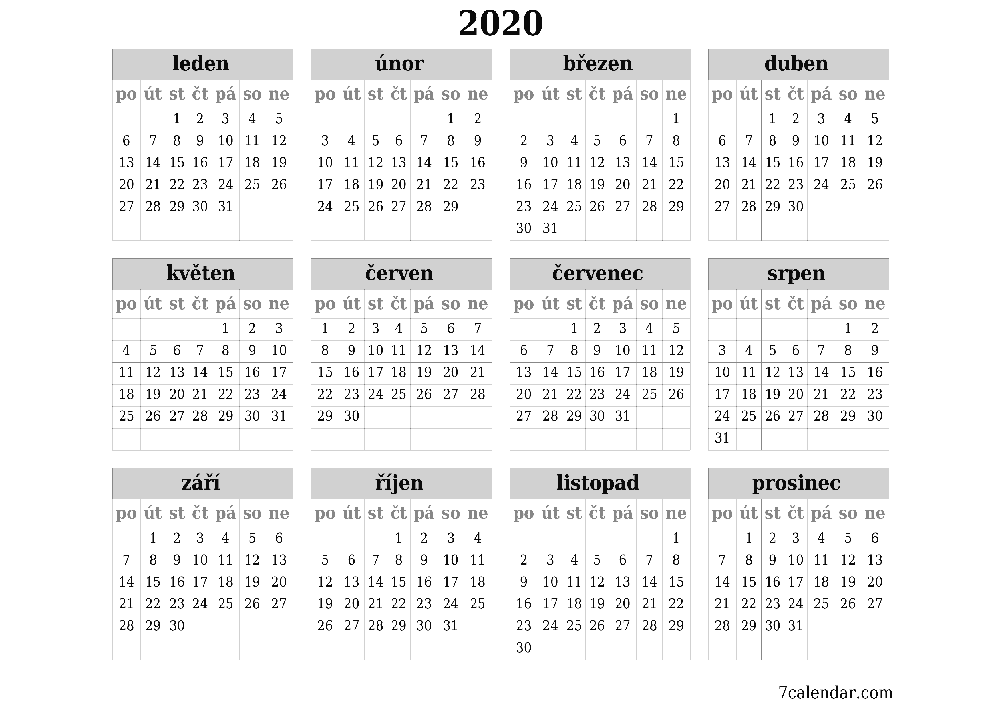 Prázdný roční kalendář plánovače pro rok 2020 s poznámkami, uložením a tiskem do PDF PNG Czech