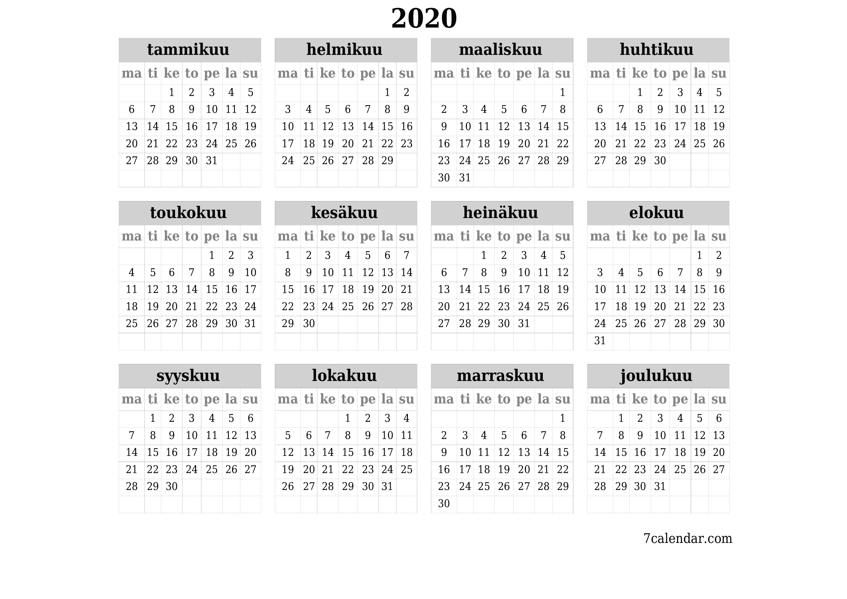 Tyhjä vuosisuunnittelukalenteri vuodelle 2020 muistiinpanoilla, tallenna ja tulosta PDF-muotoon PNG Finnish
