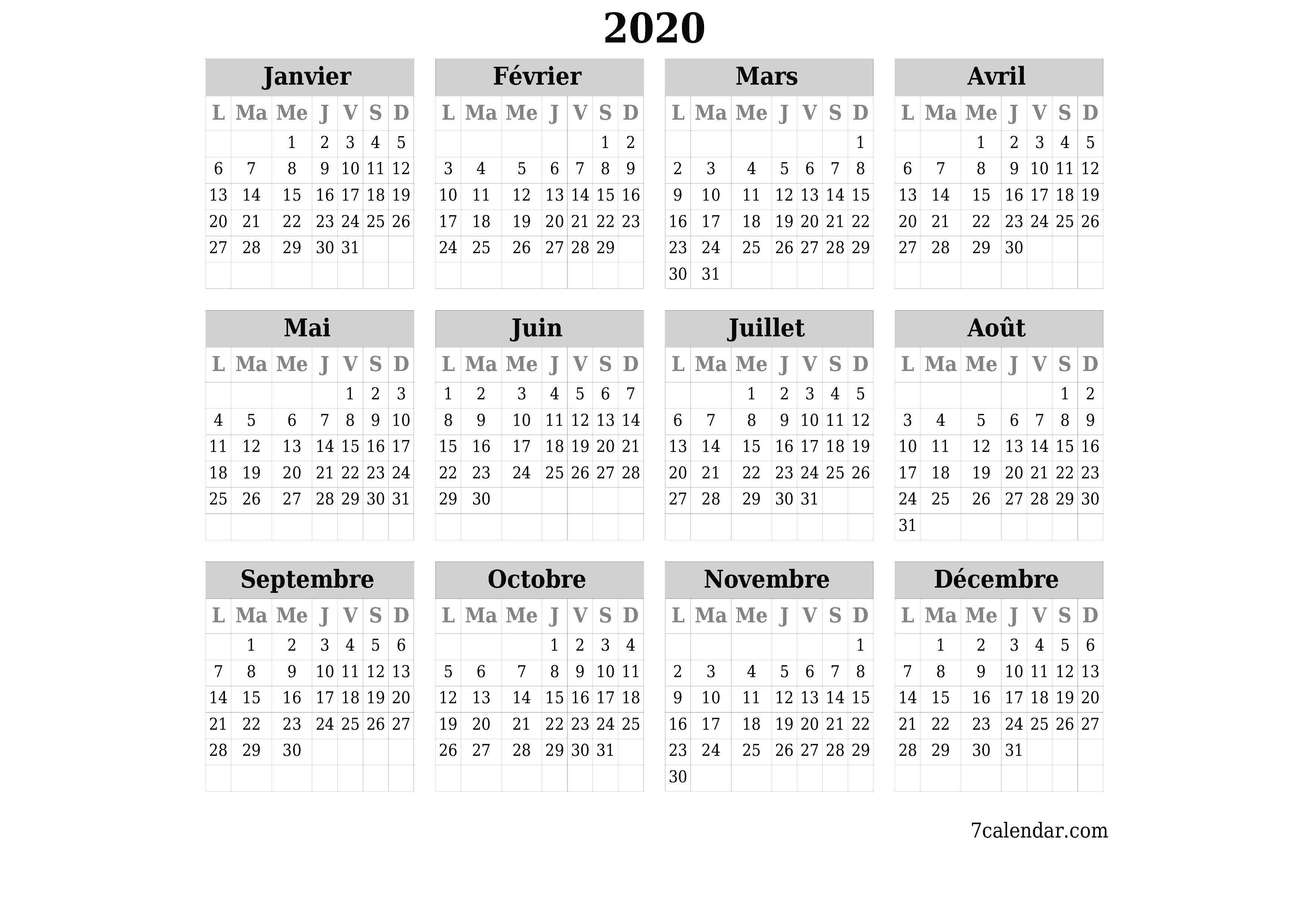 Calendrier annuel vide pour l'année 2020 avec notes, enregistrer et imprimer au format PDF PNG French
