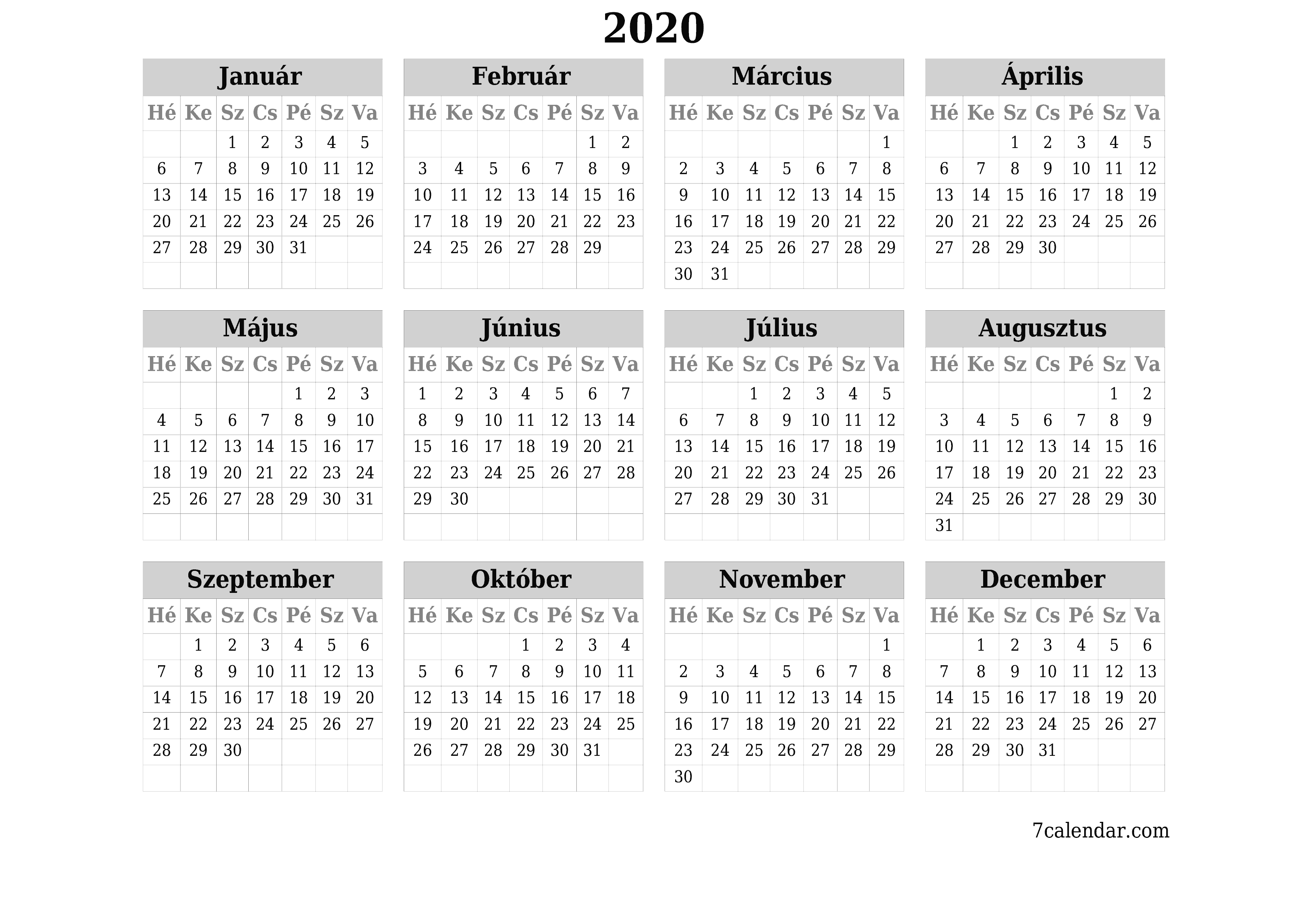 Üres éves tervezői naptár az évre 2020 jegyzetekkel, mentés és nyomtatás PDF-be PNG Hungarian