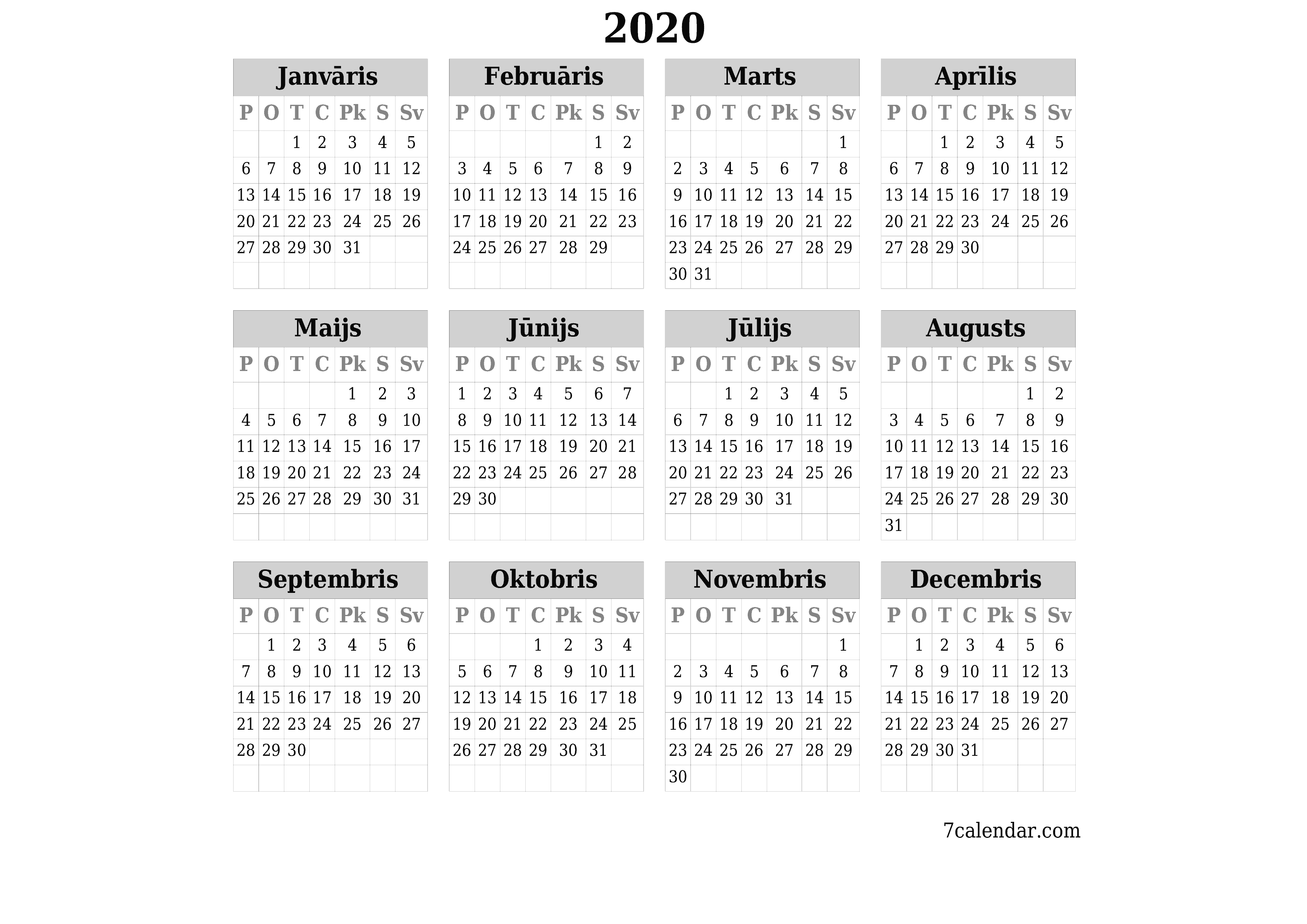 Tukšs gada plānotāja kalendārs gadam 2020 ar piezīmēm, saglabāšana un izdrukāšana PDF formātā PNG Latvian