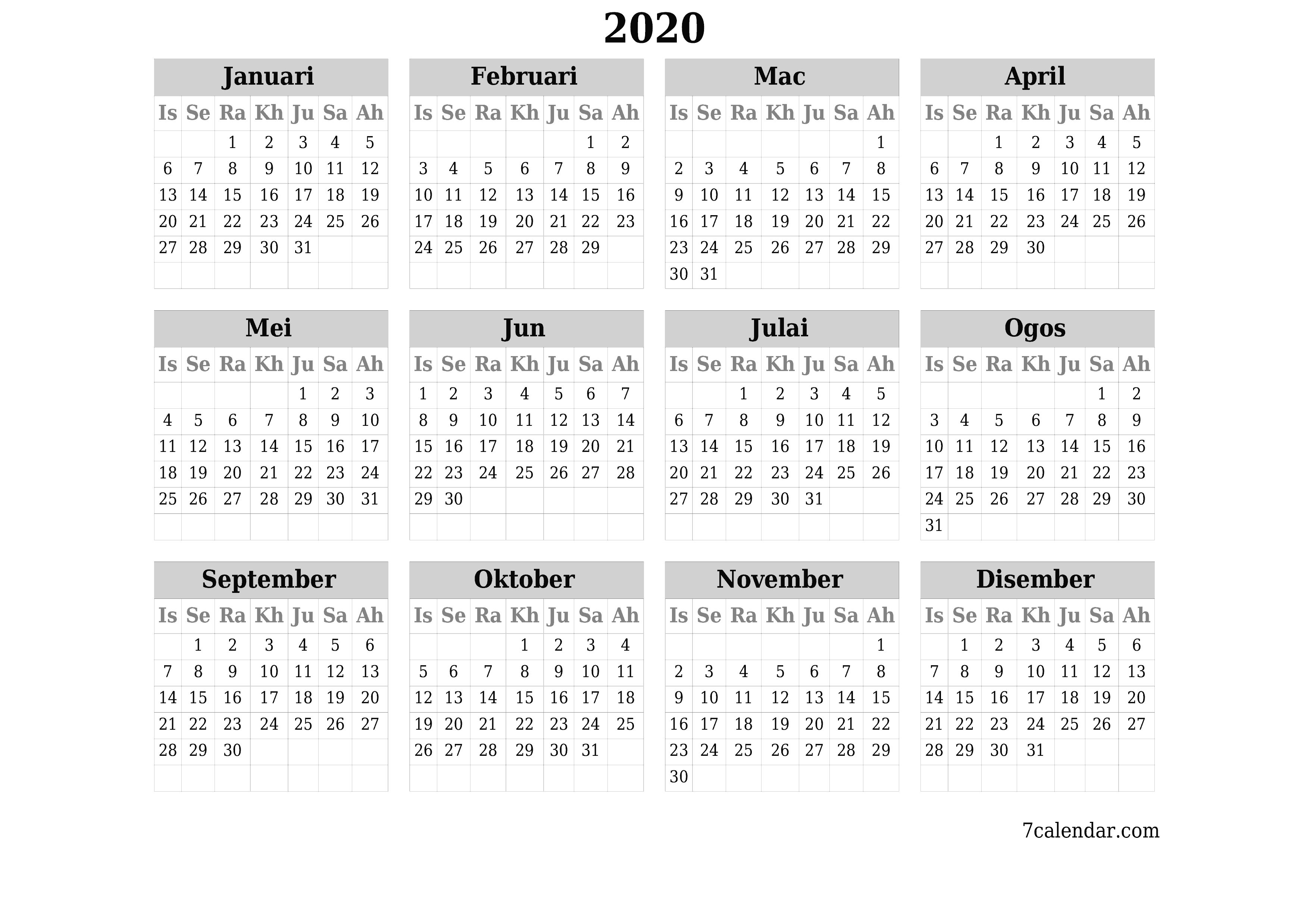 Kalendar perancang tahunan kosong untuk tahun ini 2020 dengan nota, simpan dan cetak ke PDF PNG Malay