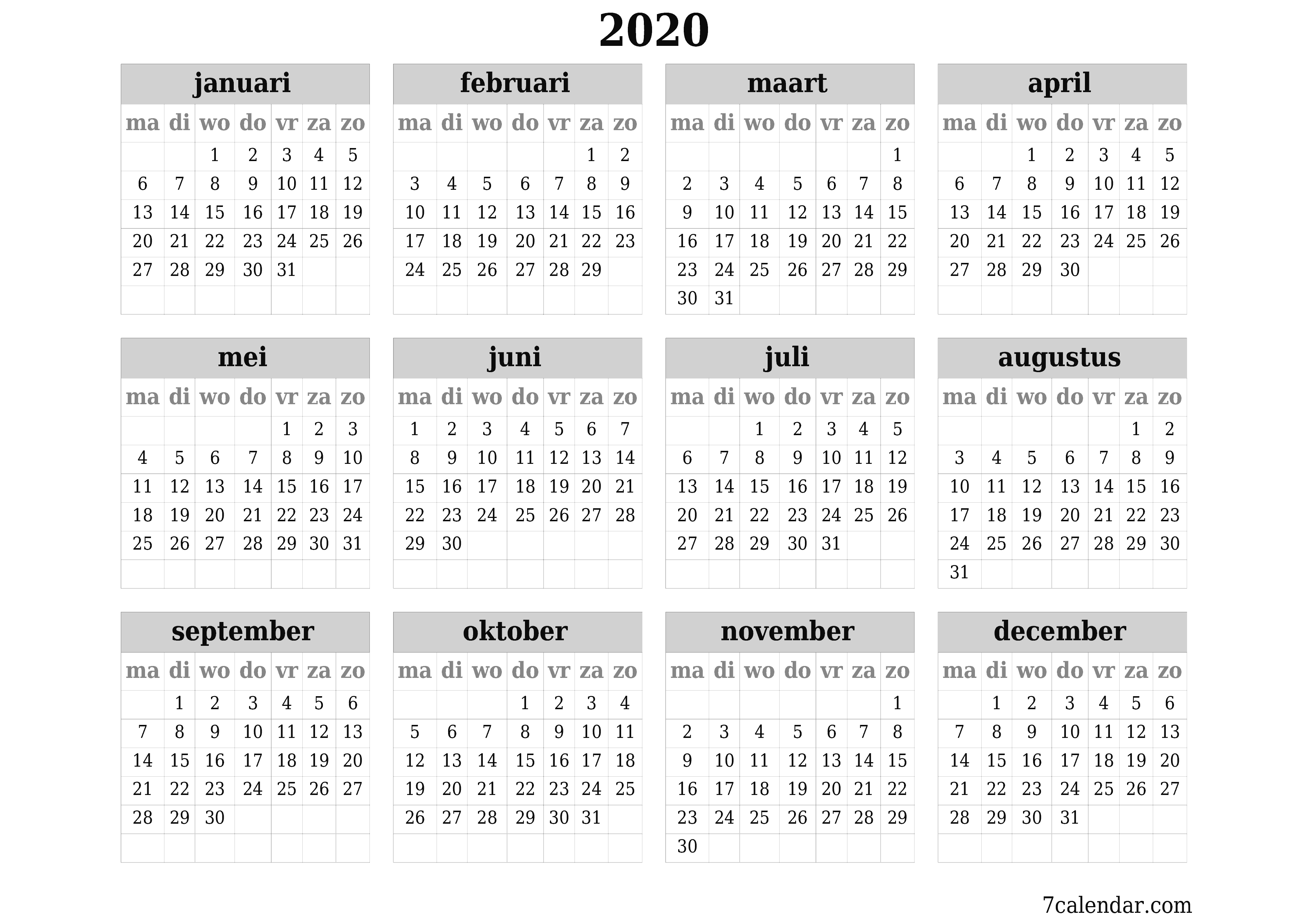 Lege jaarplanningskalender voor het jaar 2020 met notities, opslaan en afdrukken naar pdf PNG Dutch