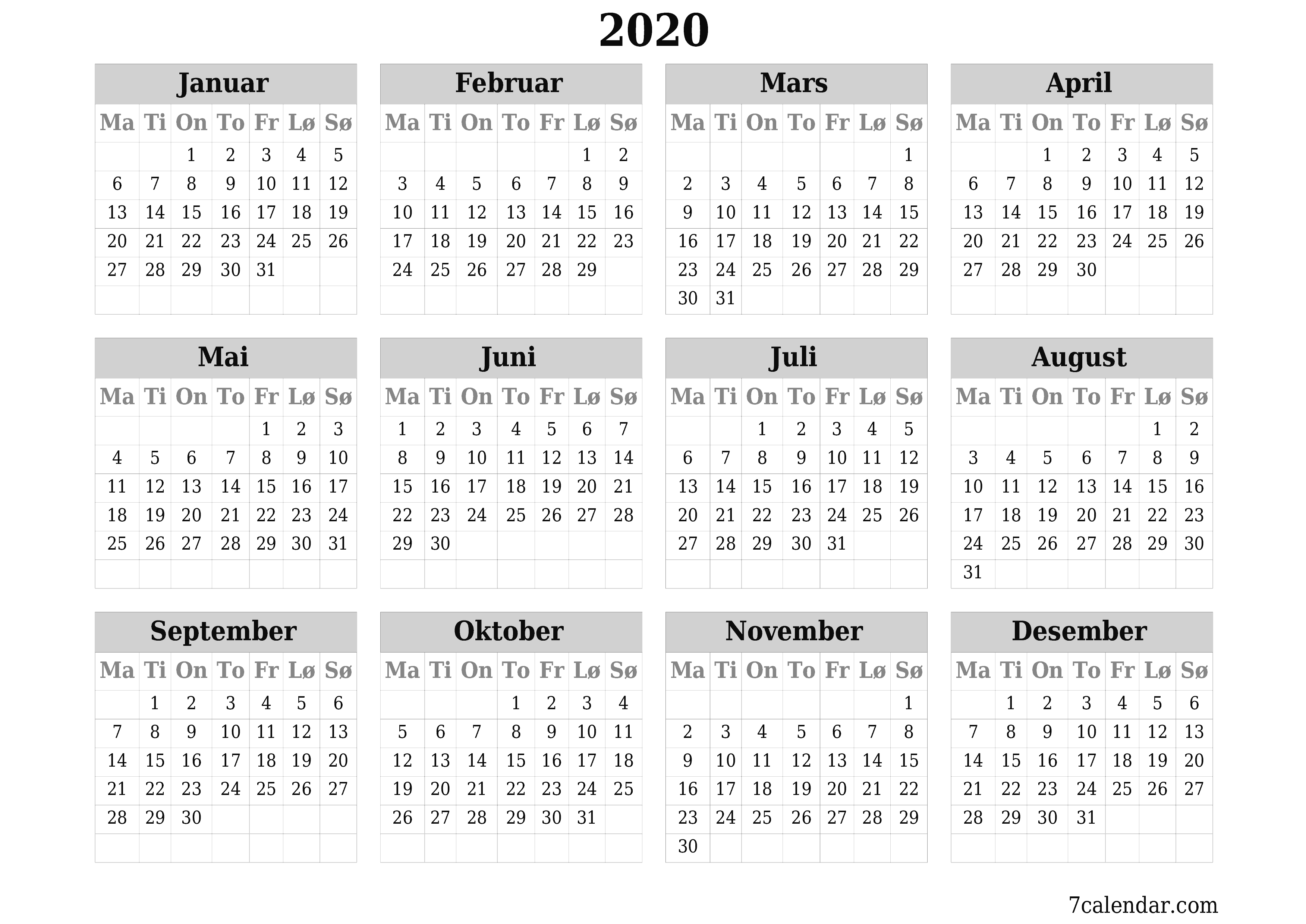 Tom årlig planleggerkalender for året 2020 med notater, lagre og skrive ut i PDF PNG Norwegian
