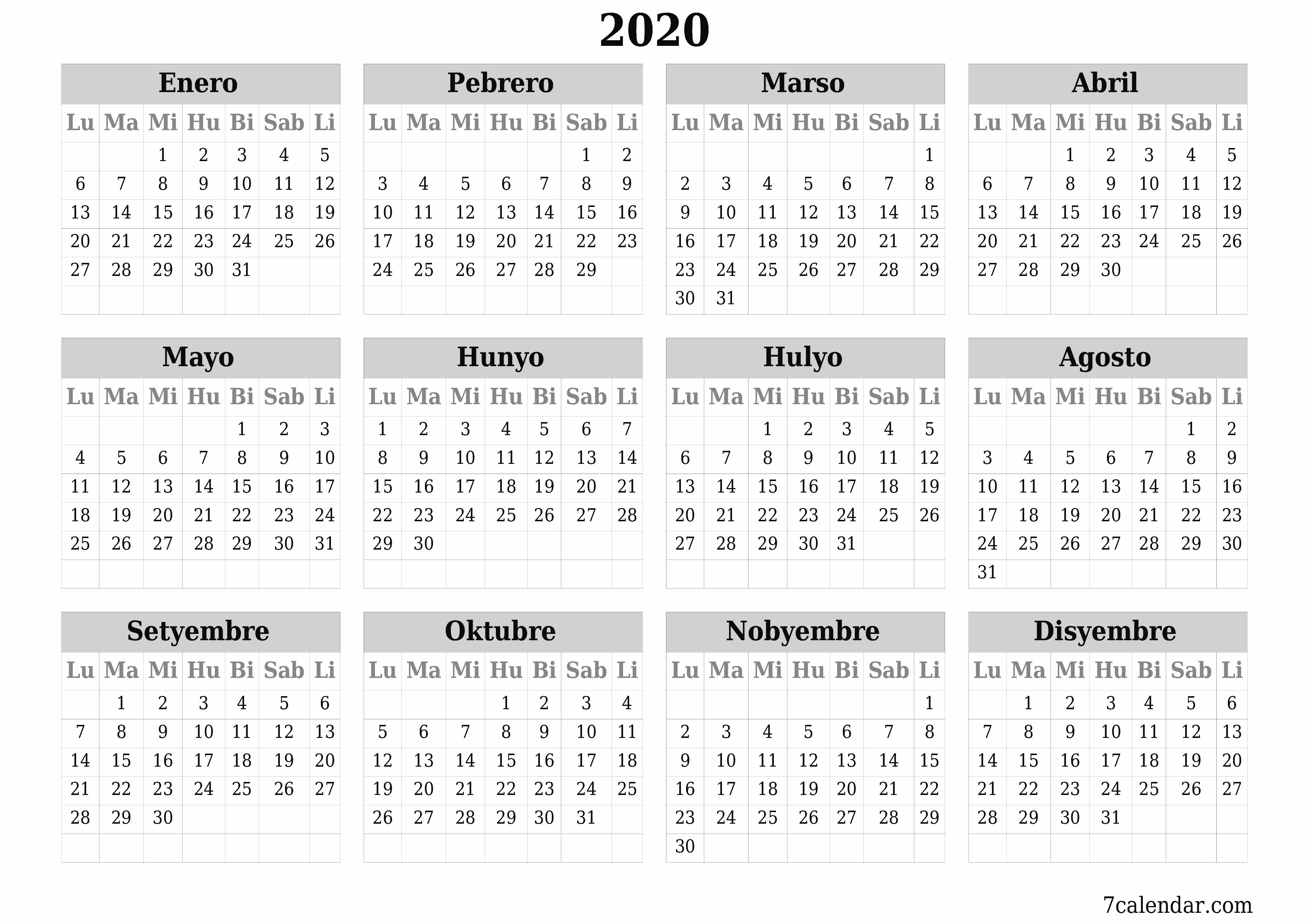 Walang laman ang taunang kalendaryo ng tagaplano para sa taong 2020 na may mga tala, i-save at i-print sa PDF PNG Filipino
