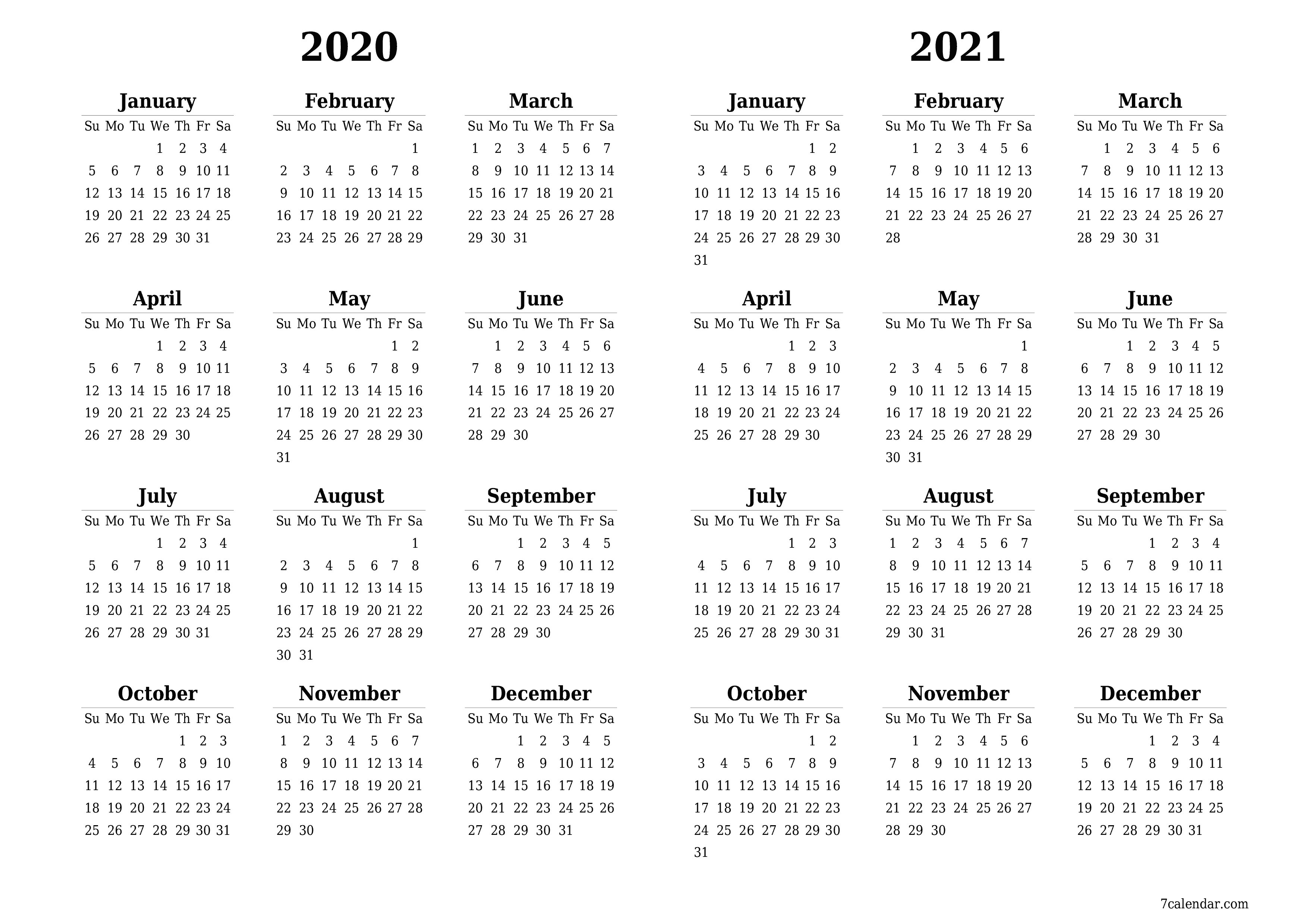 Blank calendar 2020, 2021