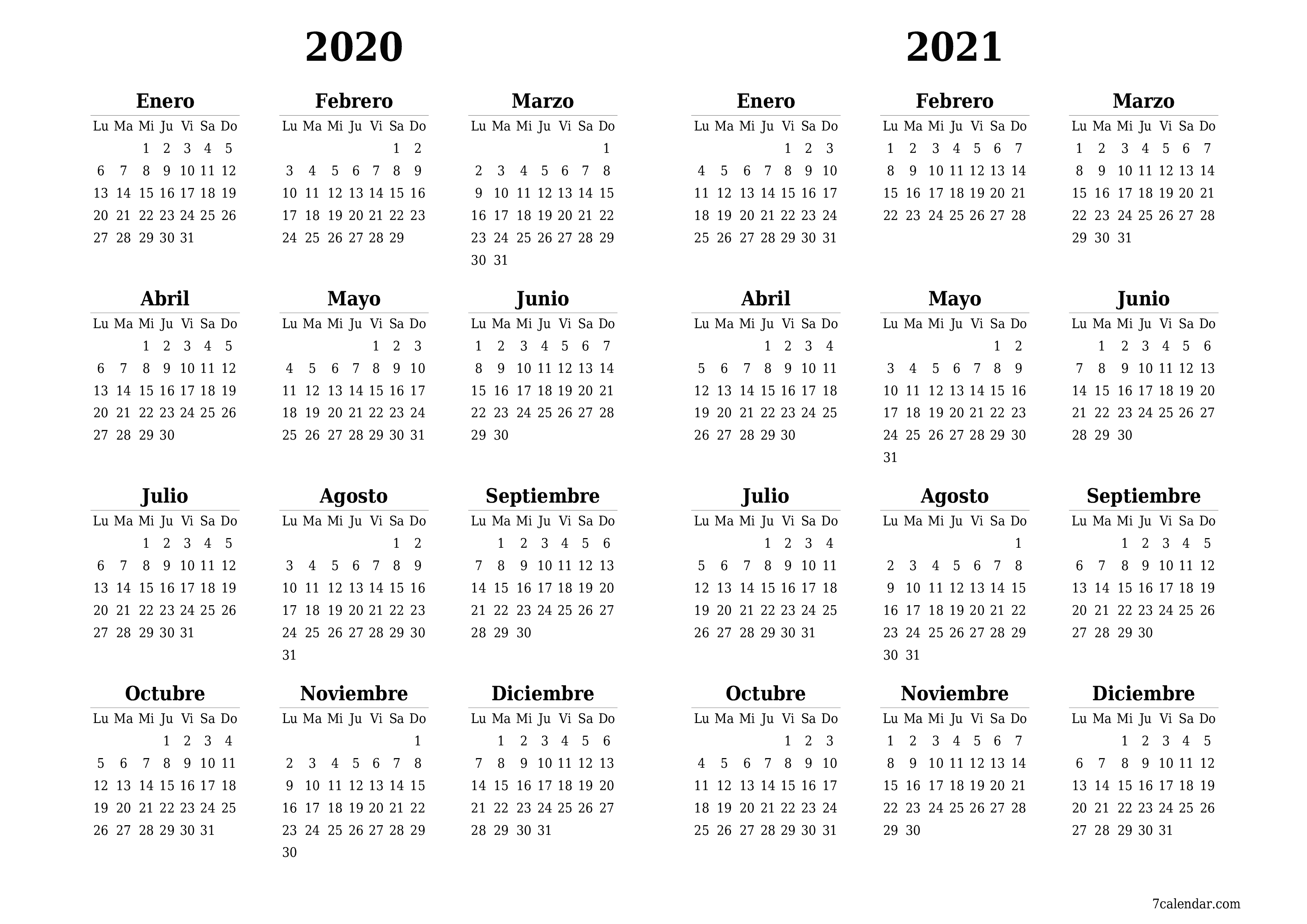 Calendario planificador anual vacío para el año 2020, 2021 con notas, guardar e imprimir en PDF PNG Spanish