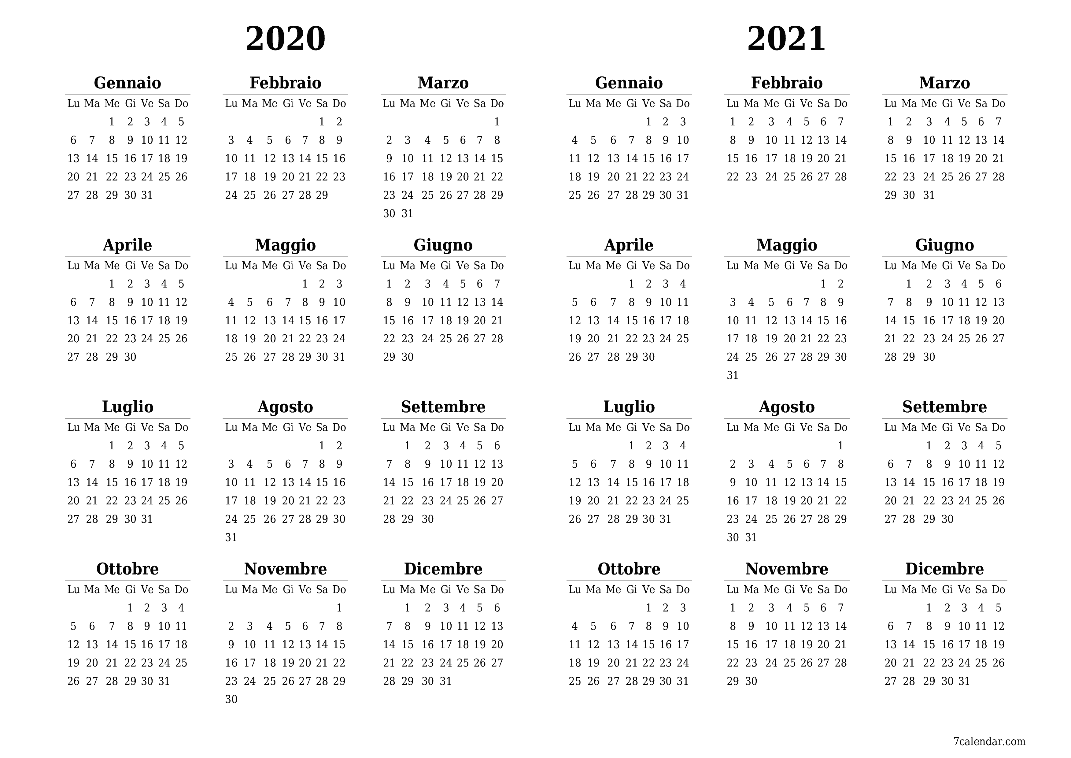 Calendario pianificatore annuale vuoto per l'anno 2020, 2021 con note, salva e stampa in PDF PNG Italian
