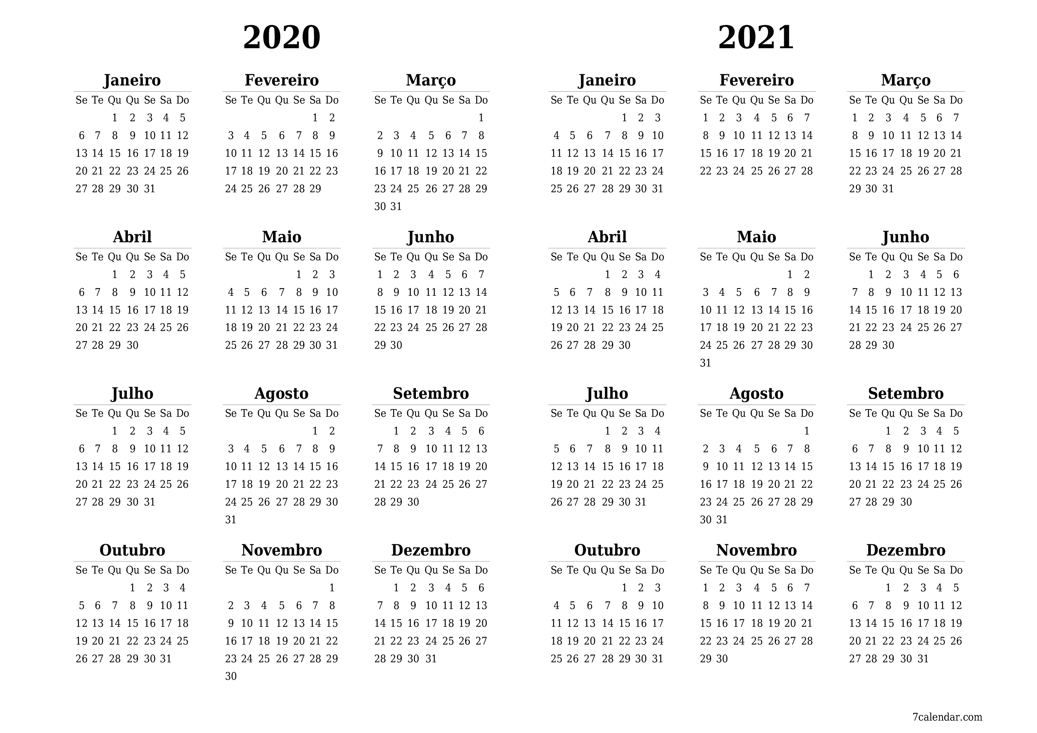 Calendário de planejador anual vazio para o ano 2020, 2021 com notas, salve e imprima em PDF PNG Portuguese