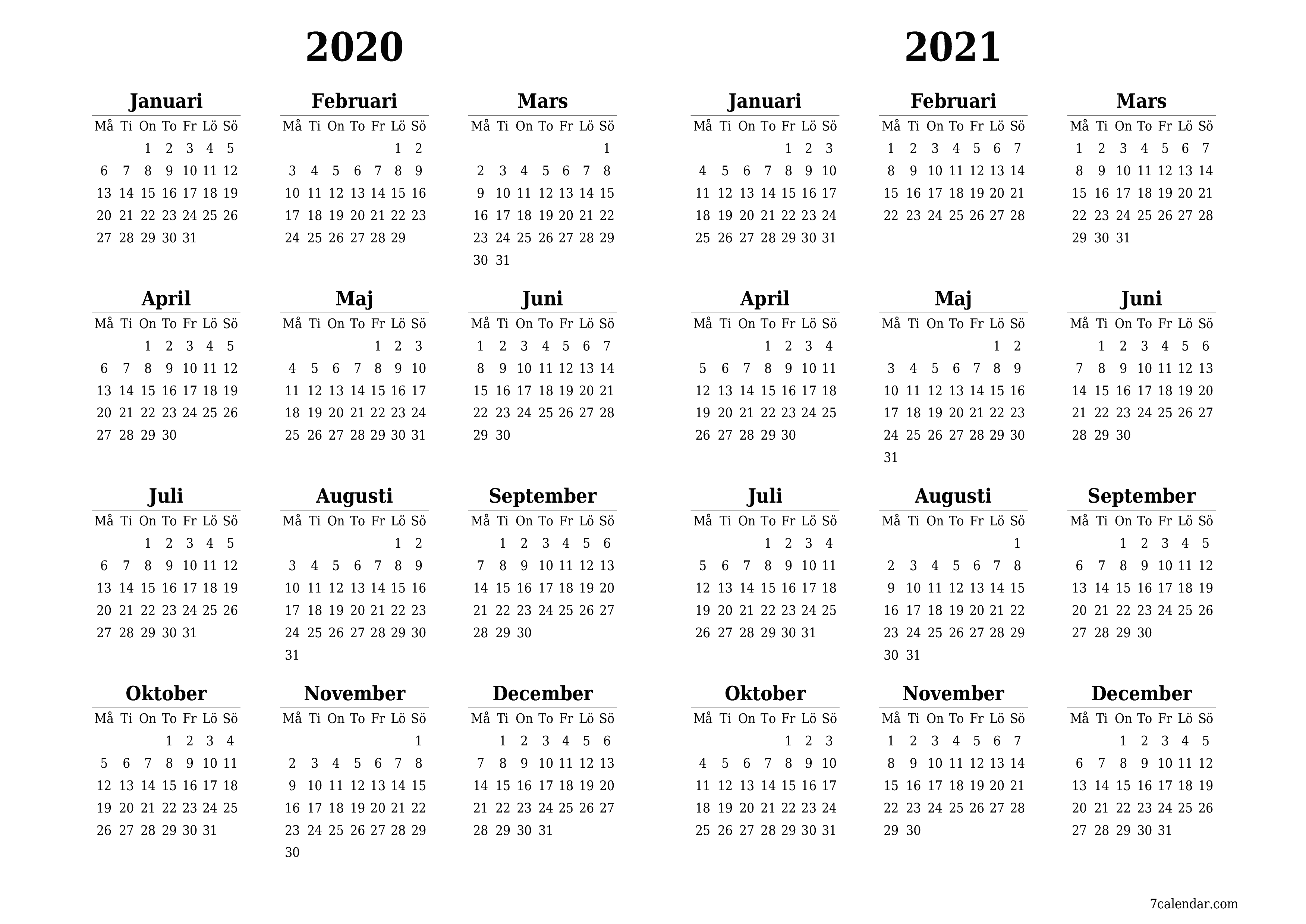 Tom årlig planeringskalender för året 2020, 2021 med anteckningar, spara och skriv ut till PDF PNG Swedish