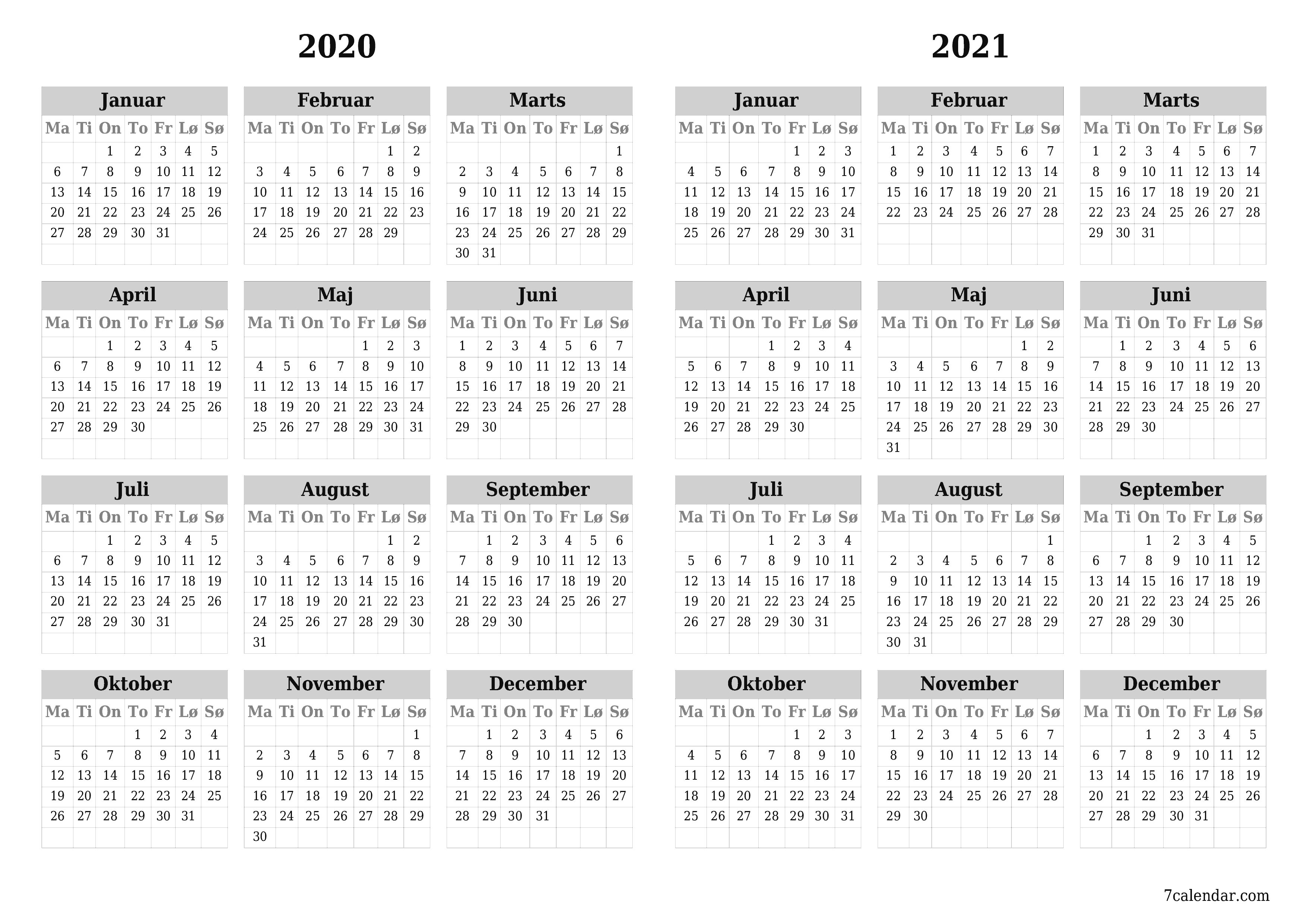 Tom årlig planlægningskalender for året 2020, 2021 med noter, gem og udskriv til PDF PNG Danish