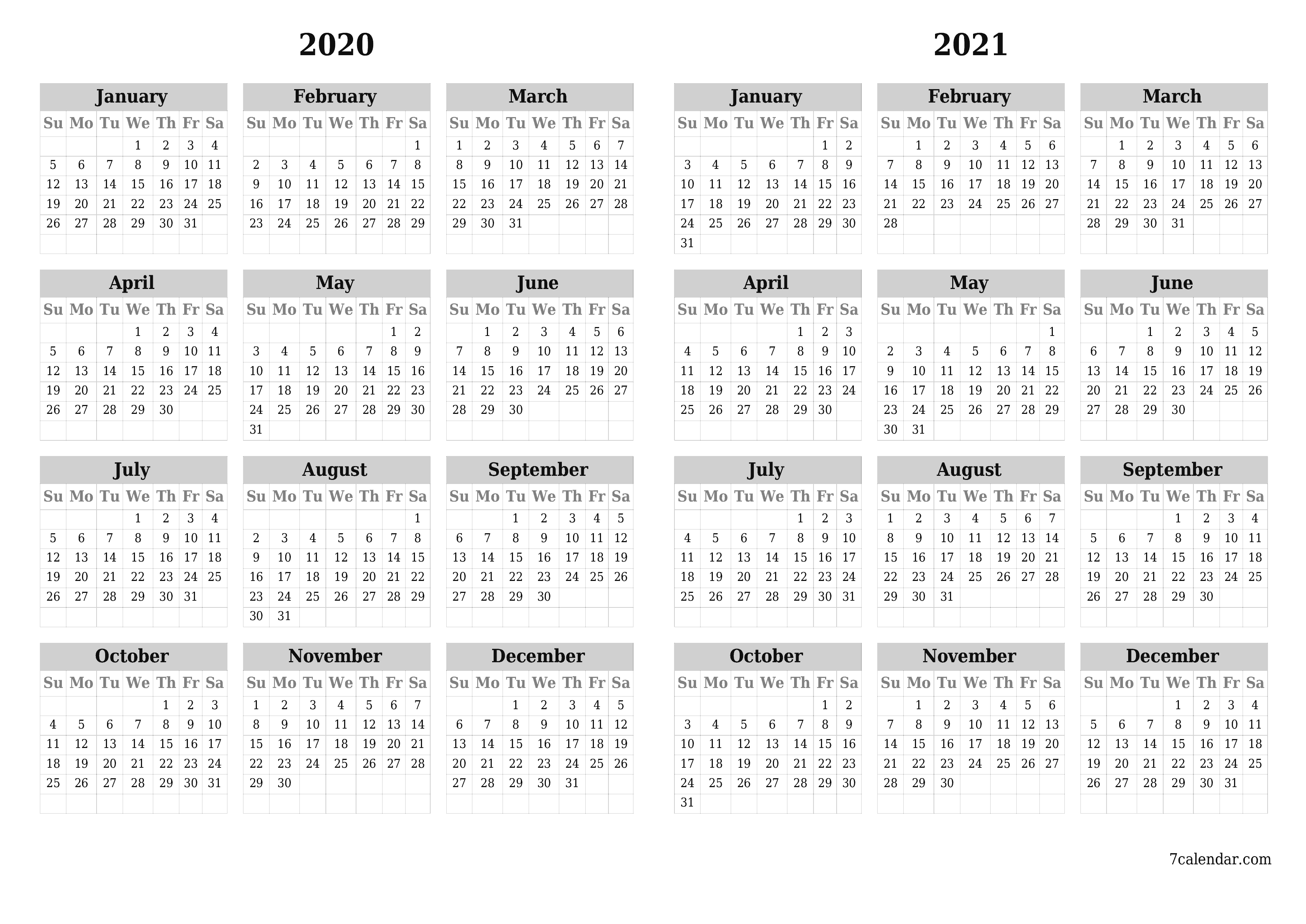 printable wall template free horizontal Yearly calendar November (Nov) 2020