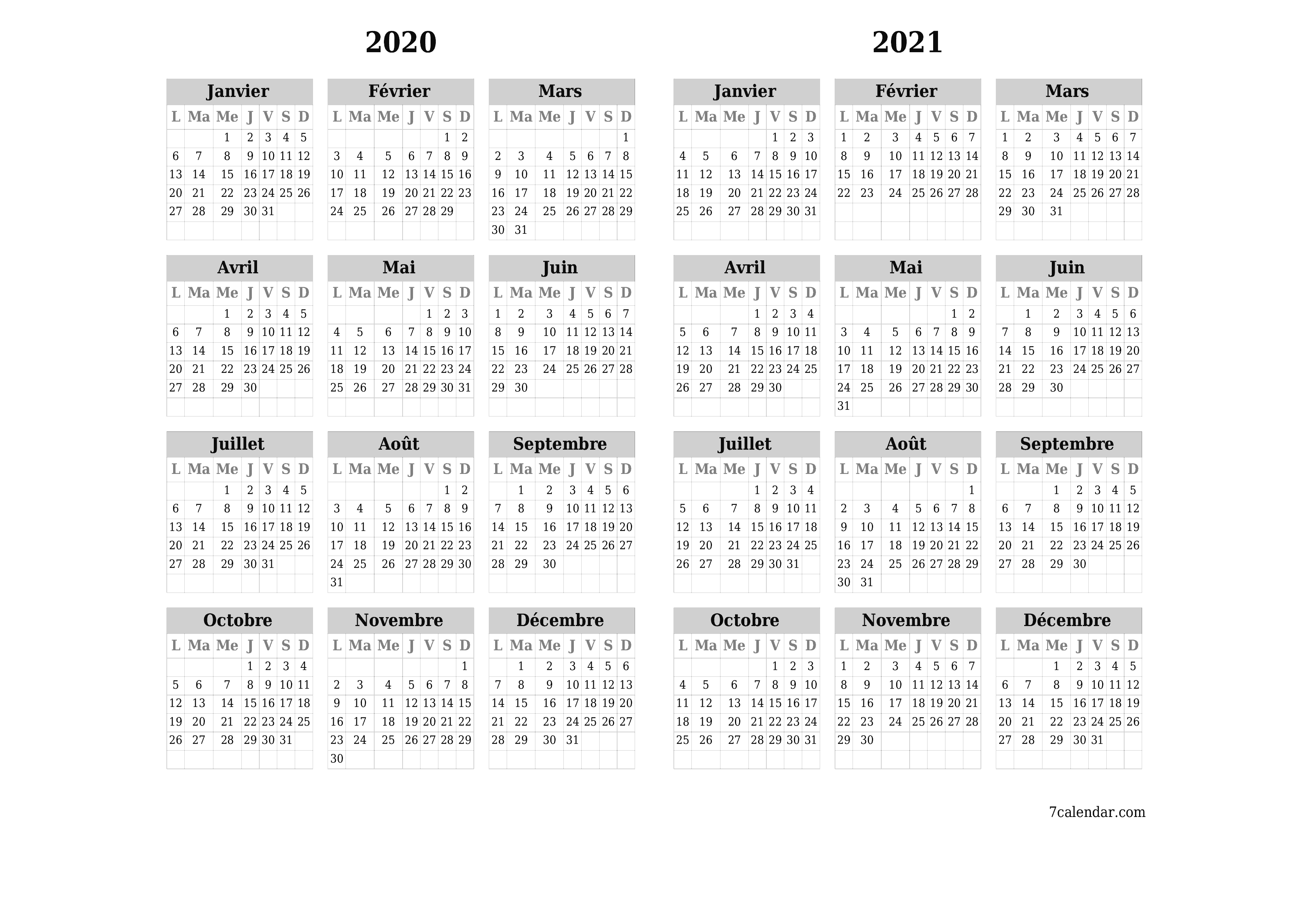 Calendrier annuel vide pour l'année 2020, 2021 avec notes, enregistrer et imprimer au format PDF PNG French