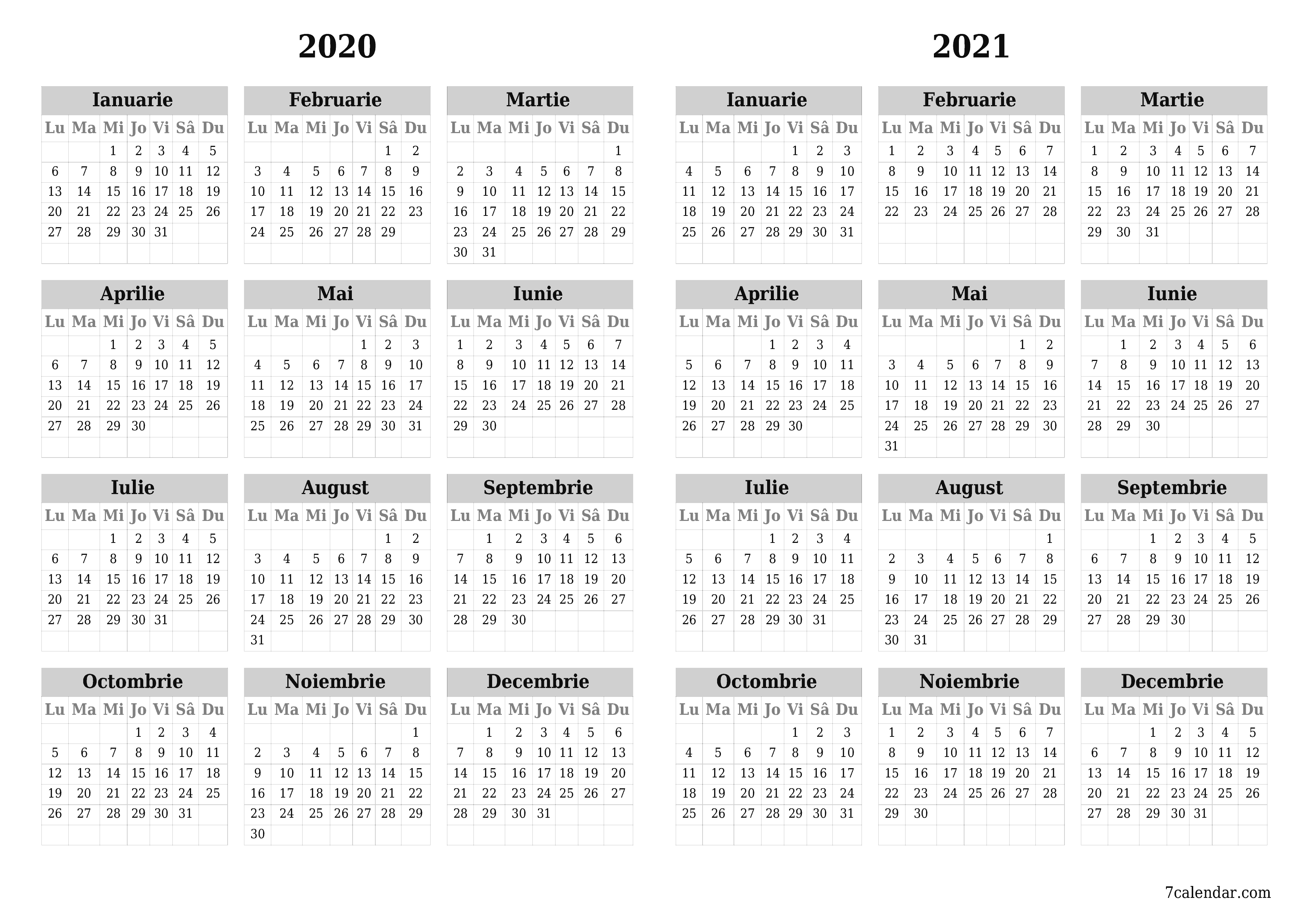 Goliți calendarul anual al planificatorului pentru anul 2020, 2021 cu note, salvați și tipăriți în PDF PNG Romanian
