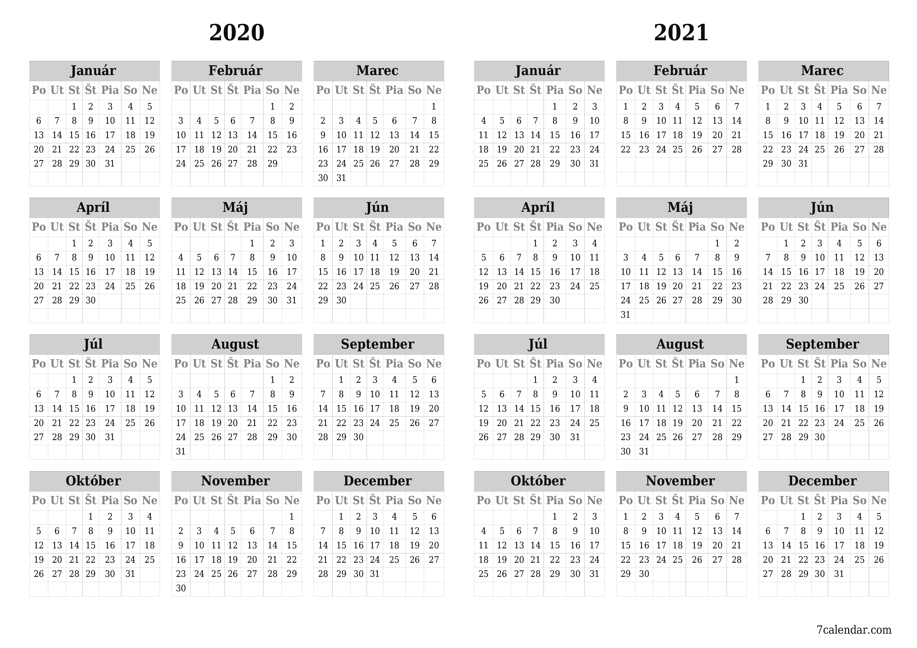 Prázdny ročný kalendár plánovača na rok 2020, 2021 s poznámkami, uložením a tlačou do formátu PDF PNG Slovak