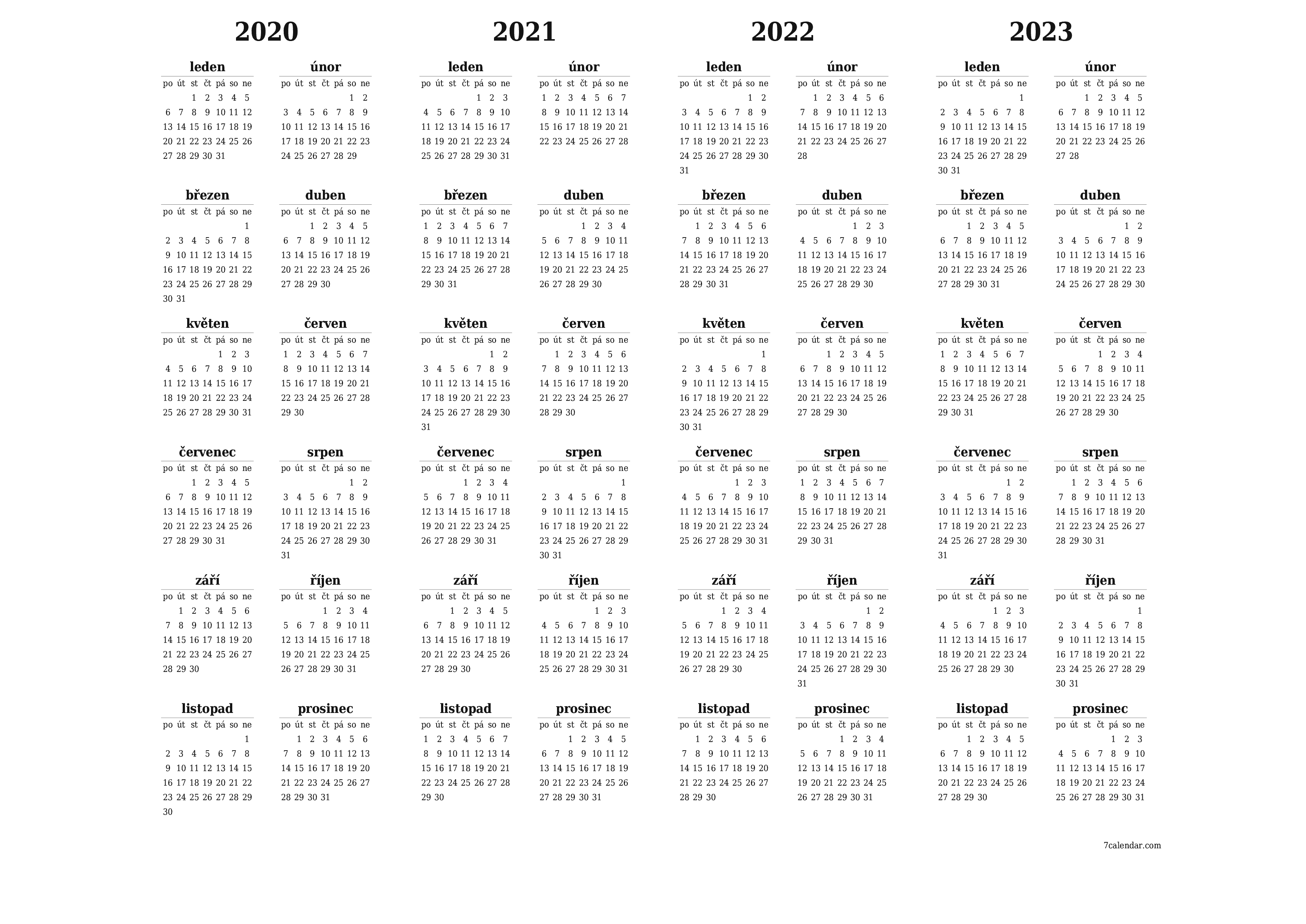Prázdný roční kalendář plánovače pro rok 2020, 2021, 2022, 2023 s poznámkami, uložením a tiskem do PDF PNG Czech