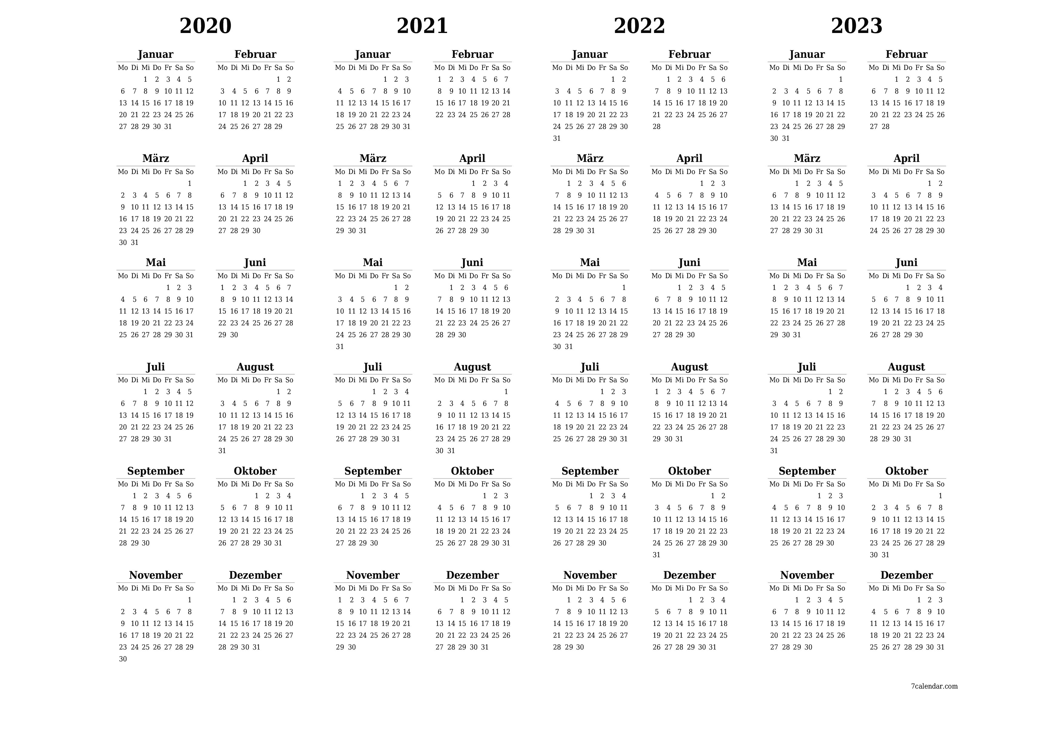 Jahresplanerkalender für das Jahr 2020, 2021, 2022, 2023 mit Notizen leeren, speichern und als PDF PNG German - 7calendar.com drucken