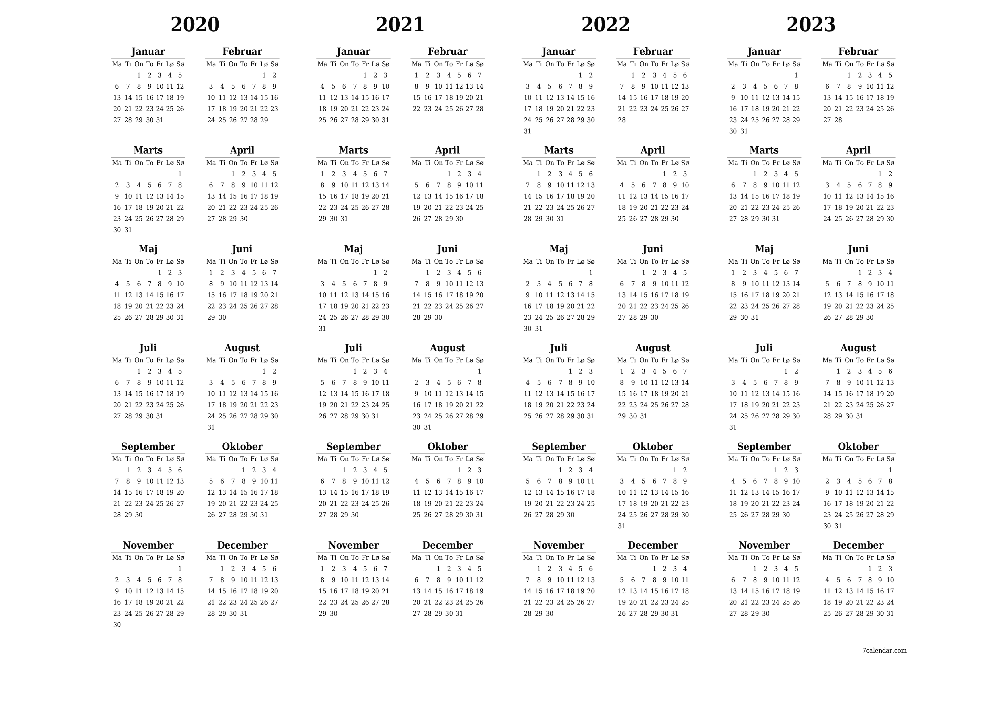 Tom årlig planlægningskalender for året 2020, 2021, 2022, 2023 med noter, gem og udskriv til PDF PNG Danish