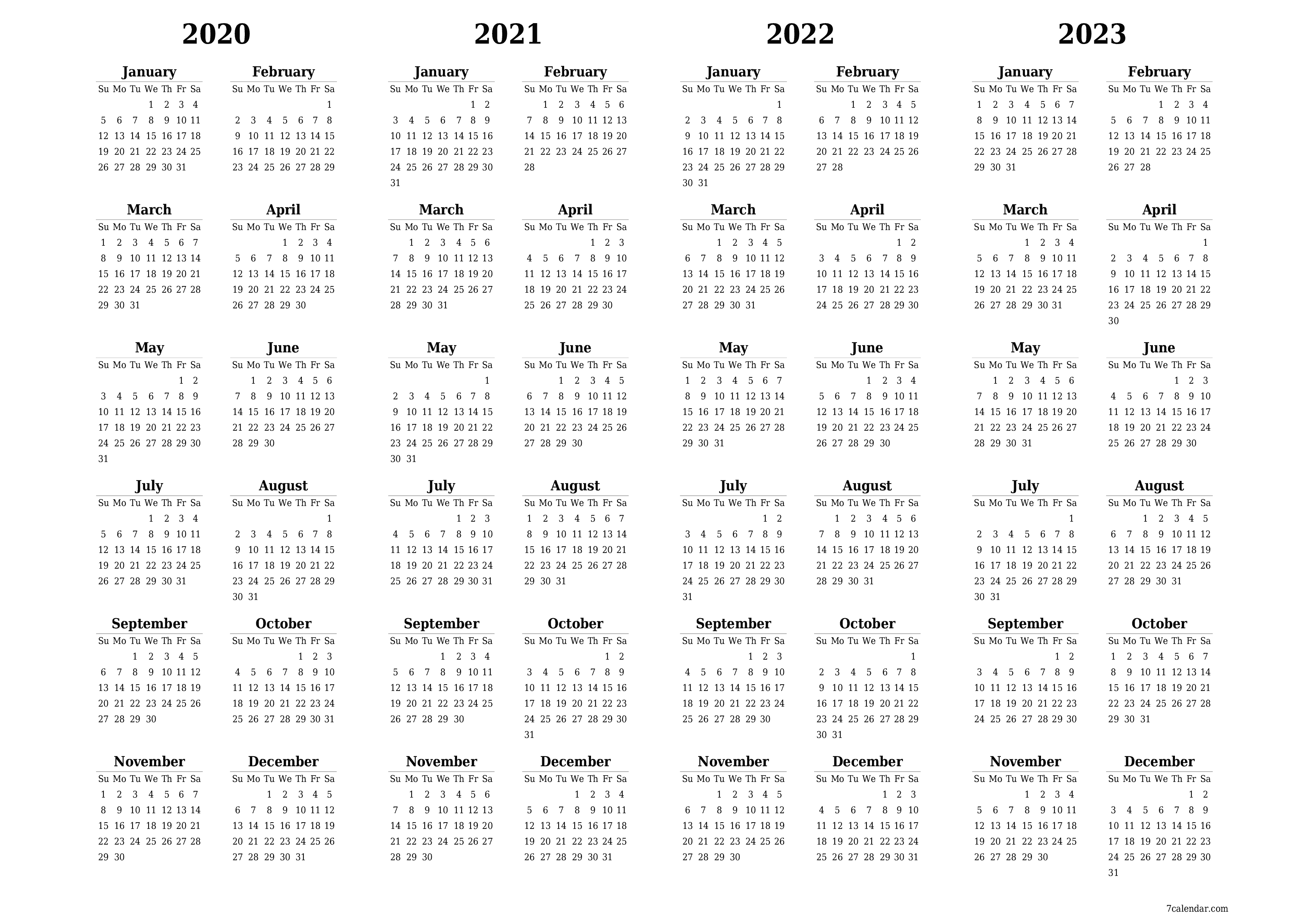 Blank calendar 2020, 2021, 2022, 2023