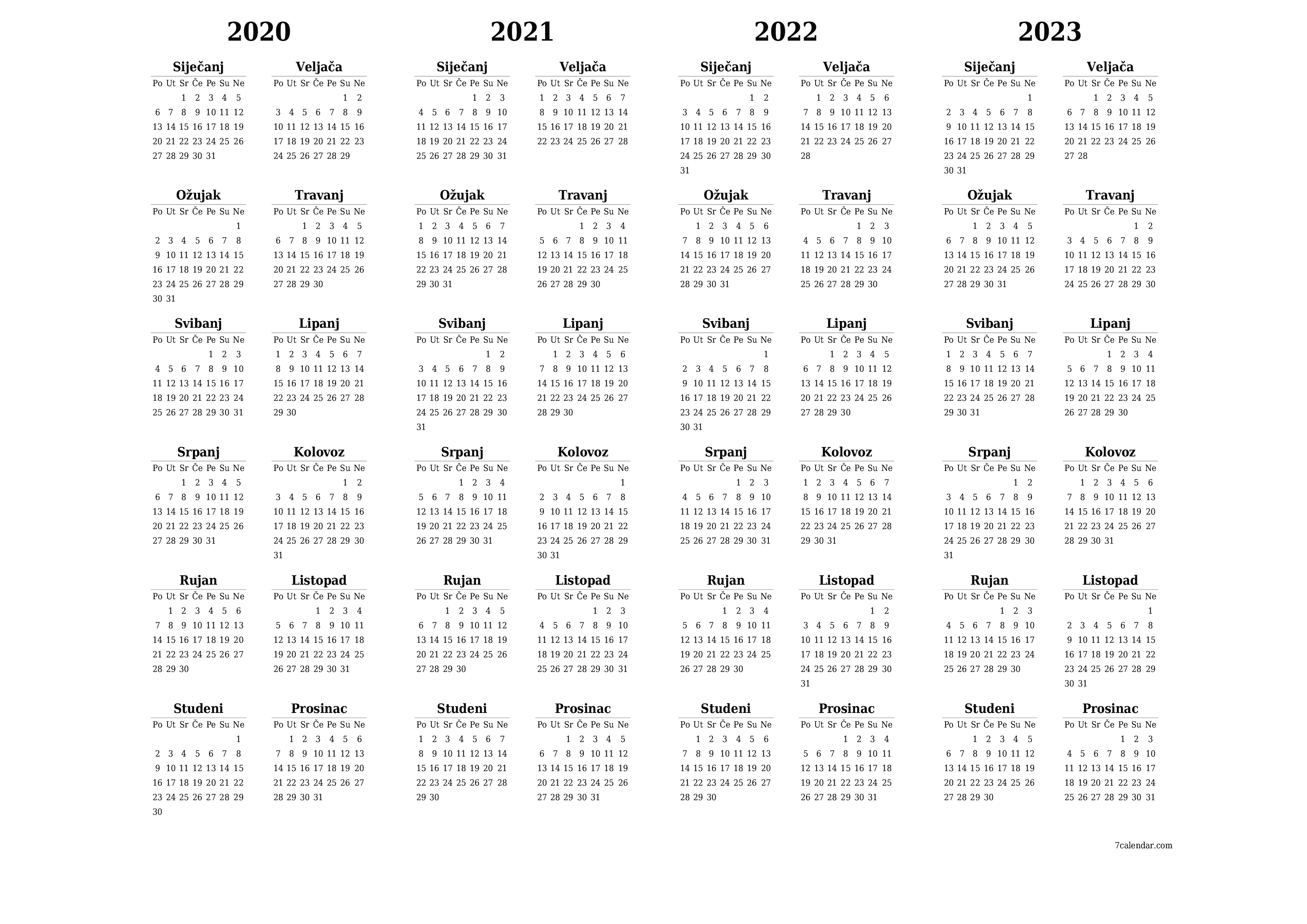 Ispraznite godišnji kalendar planera za godinu 2020, 2021, 2022, 2023 s bilješkama, spremite i ispišite u PDF PNG Croatian