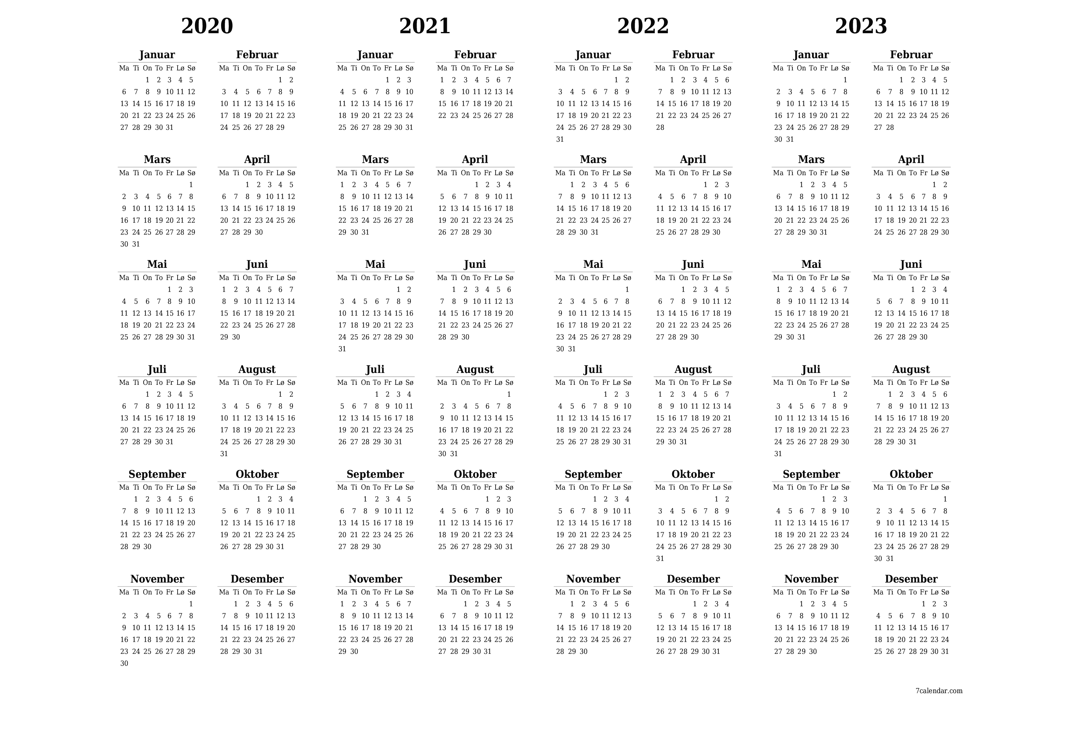 Tom årlig planleggerkalender for året 2020, 2021, 2022, 2023 med notater, lagre og skrive ut i PDF PNG Norwegian