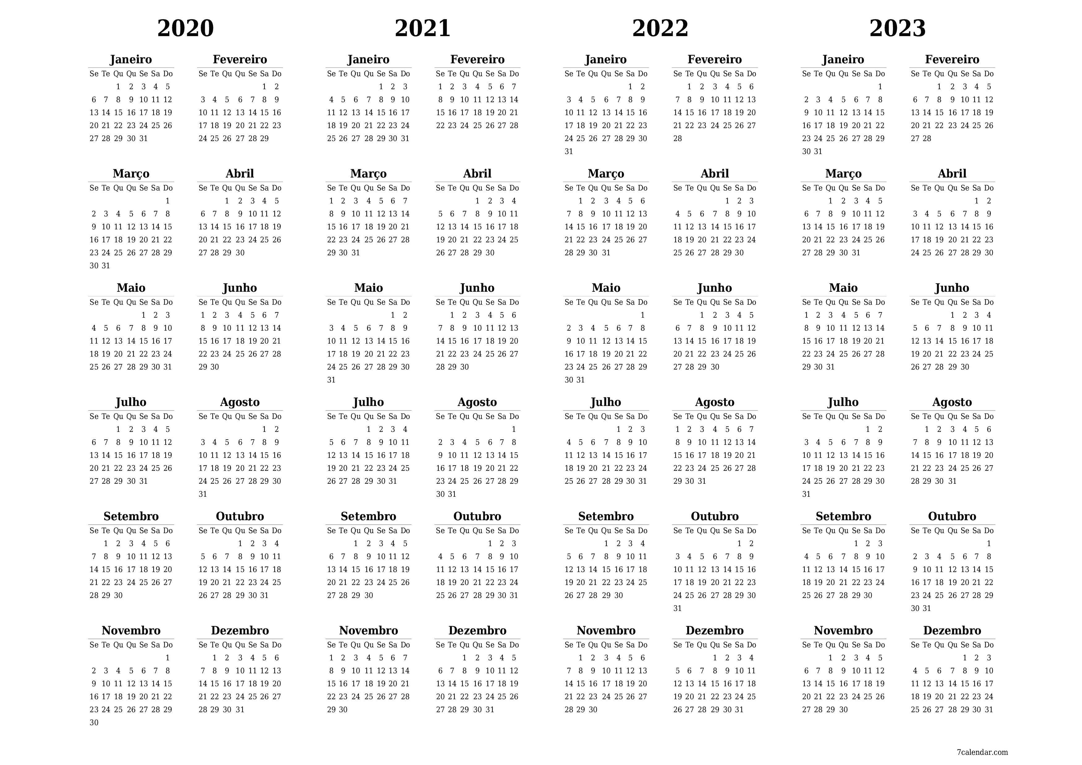 Calendário de planejador anual vazio para o ano 2020, 2021, 2022, 2023 com notas, salve e imprima em PDF PNG Portuguese