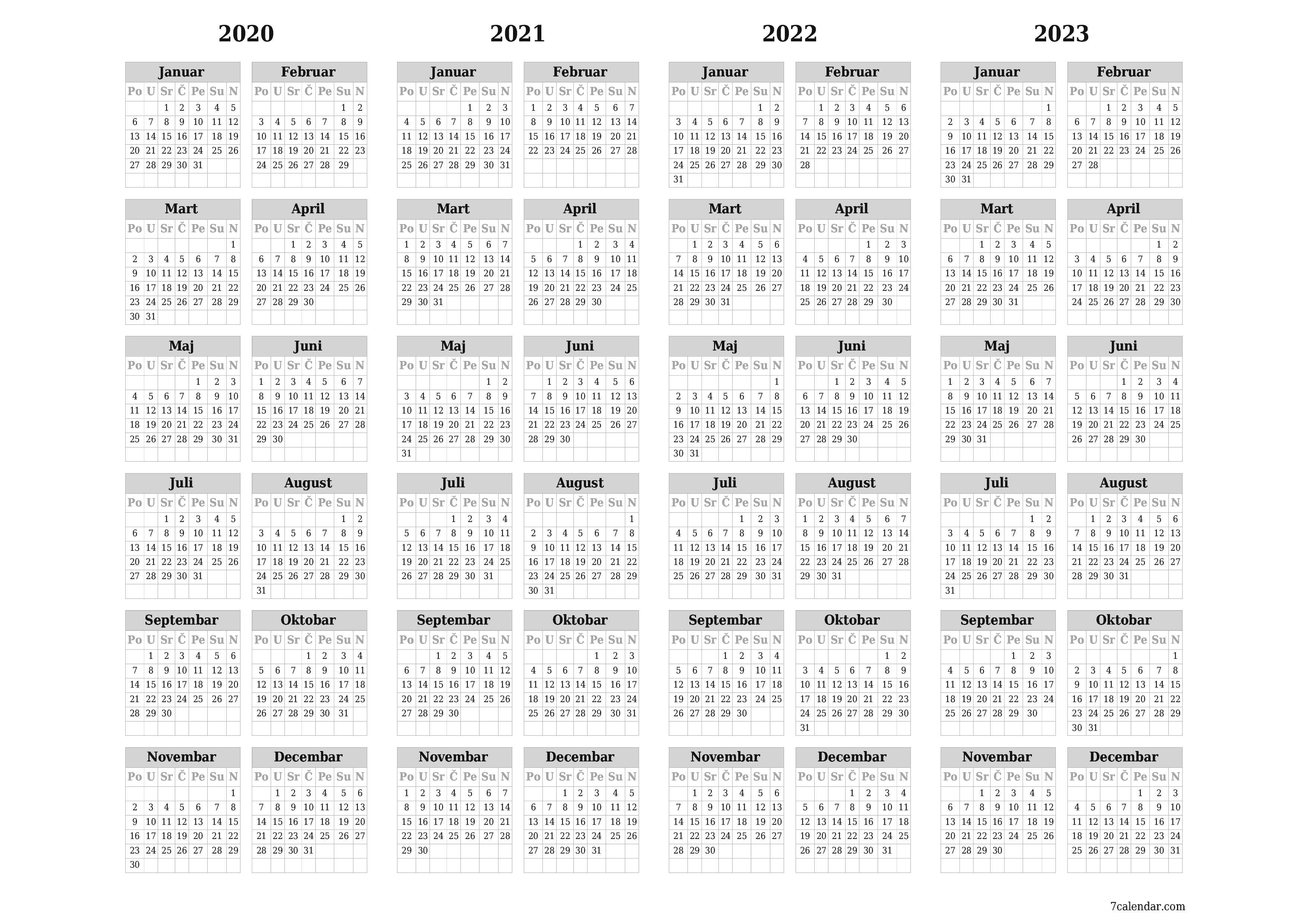 Ispraznite godišnji kalendar planera za godinu 2020, 2021, 2022, 2023 s bilješkama, spremite i ispišite u PDF PNG Bosnian