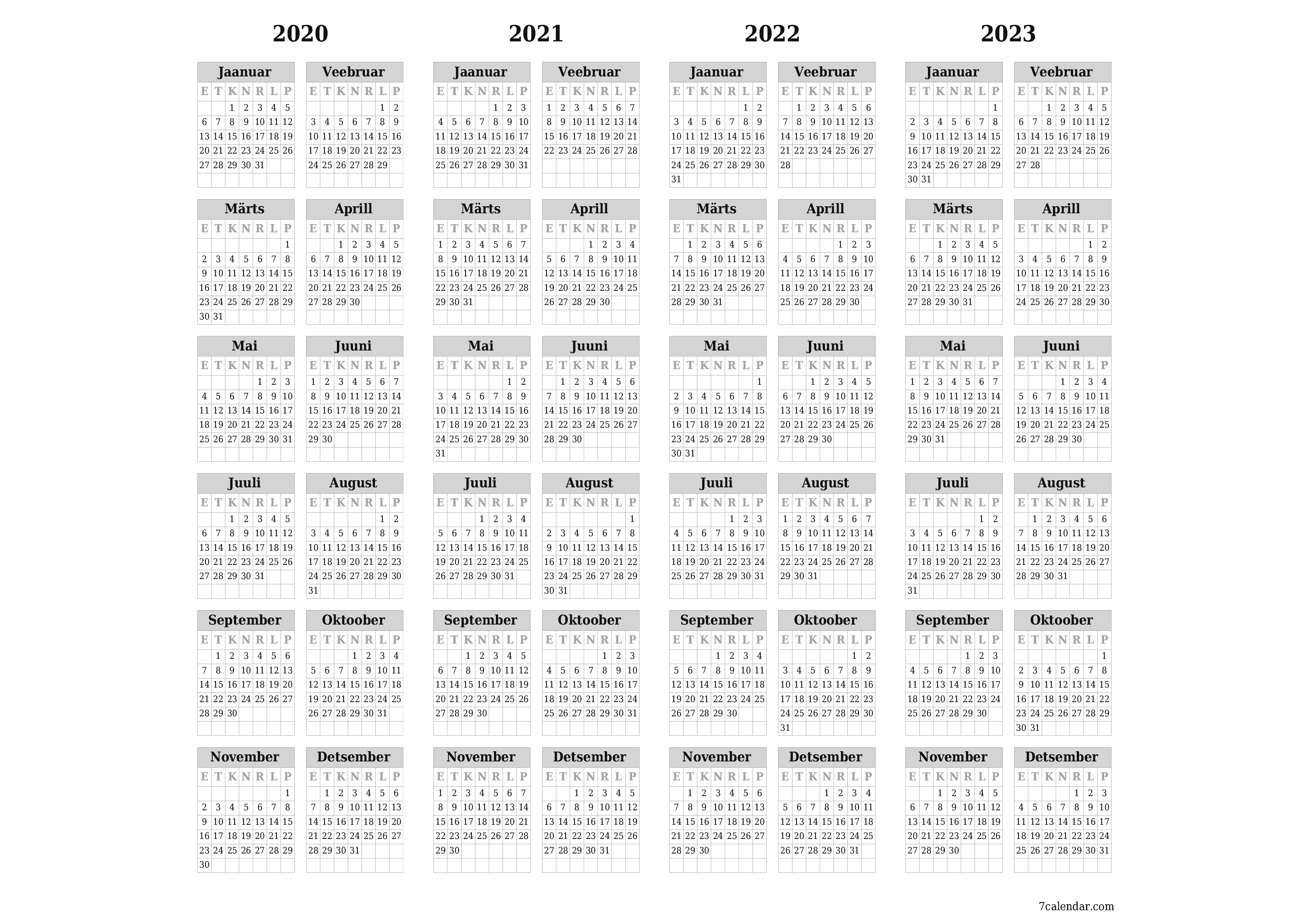 Tühi aasta planeerija kalender aastaks 2020, 2021, 2022, 2023 koos märkmetega, salvestage ja printige PDF-i PNG Estonian