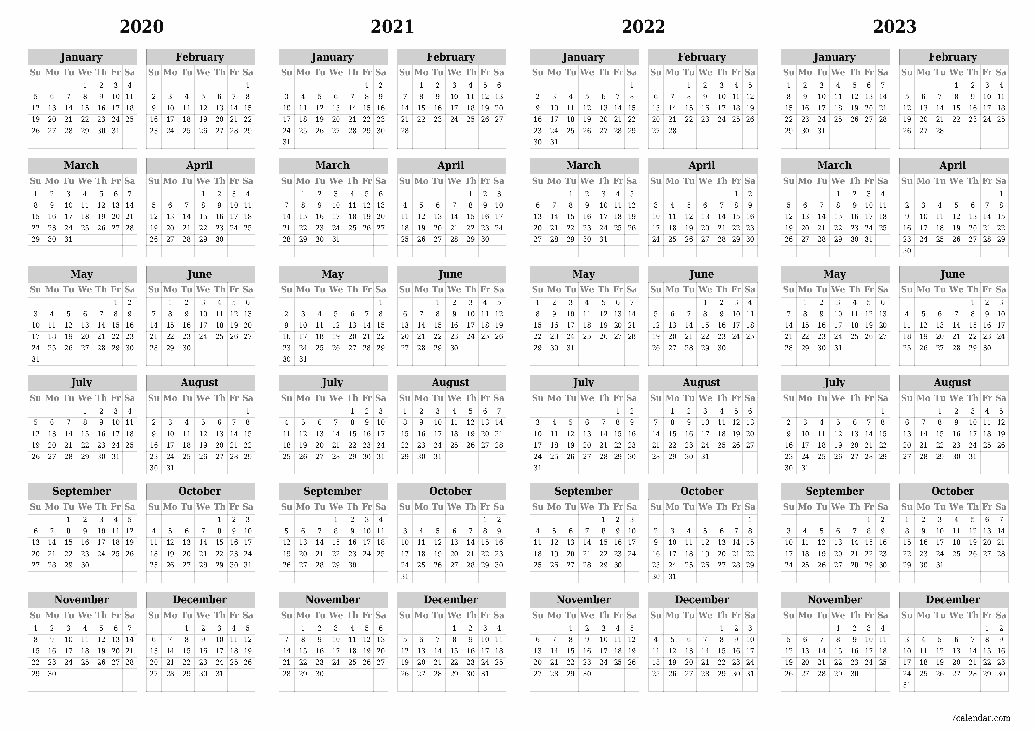 Blank calendar 2020, 2021, 2022, 2023