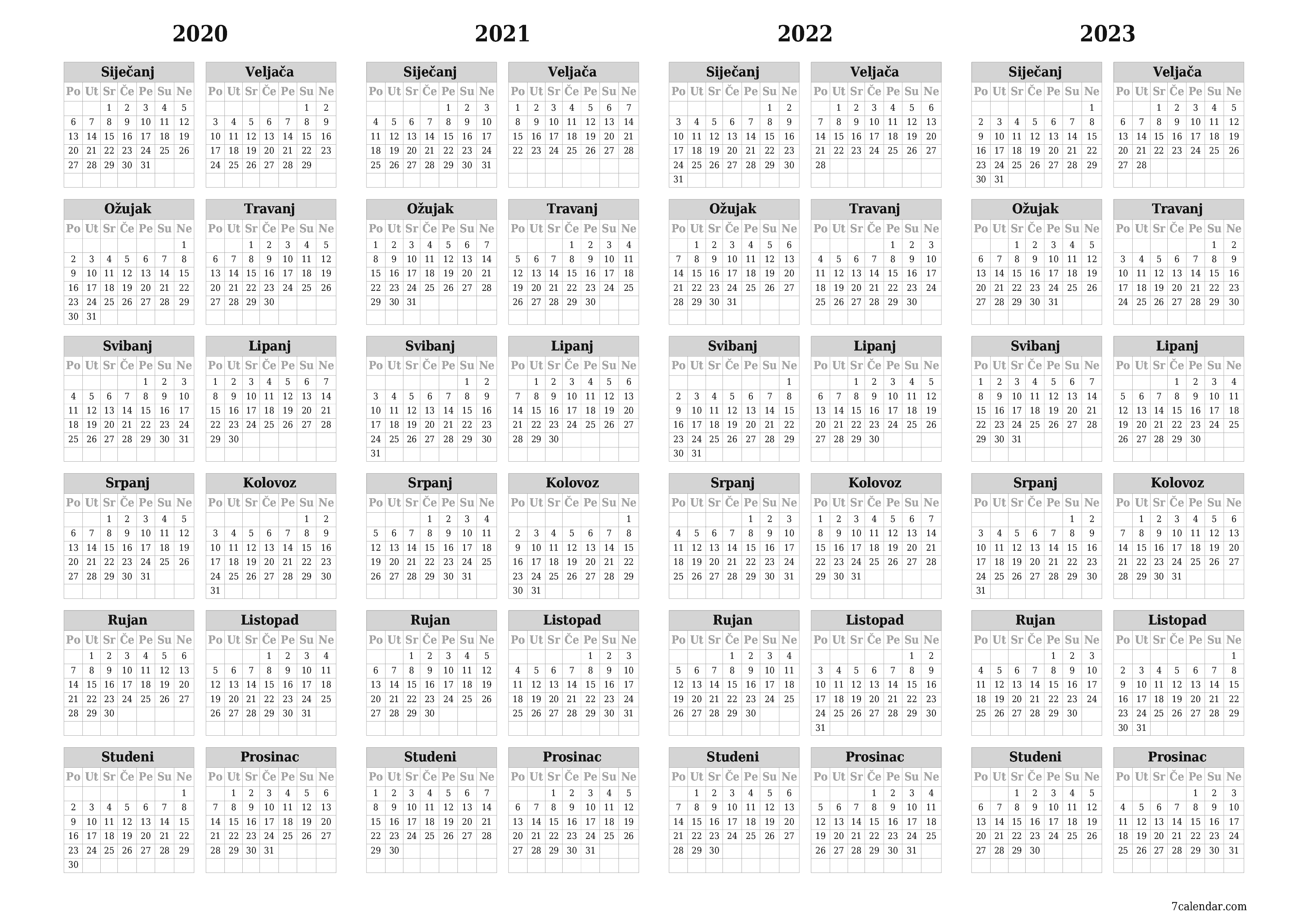 Ispraznite godišnji kalendar planera za godinu 2020, 2021, 2022, 2023 s bilješkama, spremite i ispišite u PDF PNG Croatian