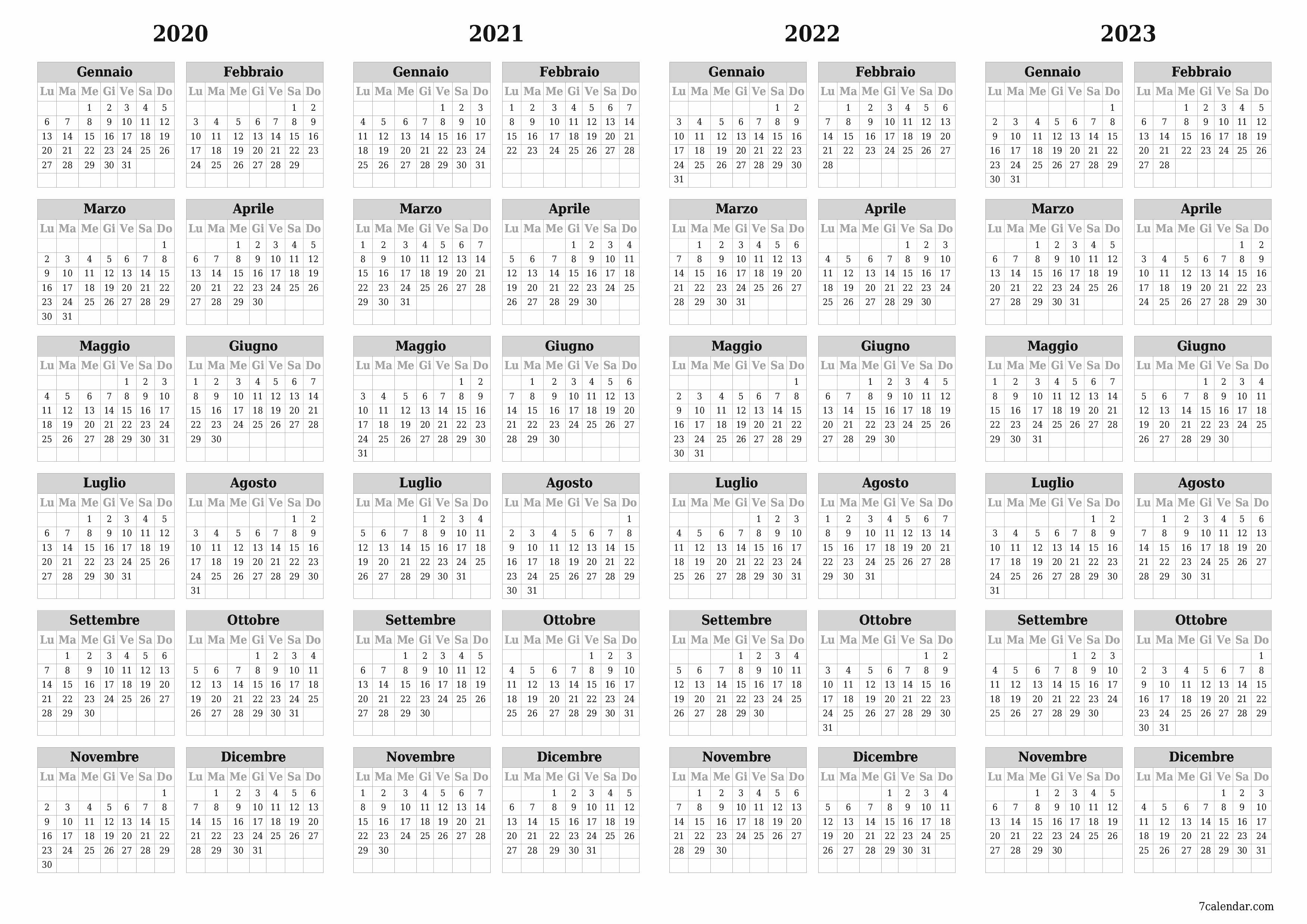 Calendario pianificatore annuale vuoto per l'anno 2020, 2021, 2022, 2023 con note, salva e stampa in PDF PNG Italian