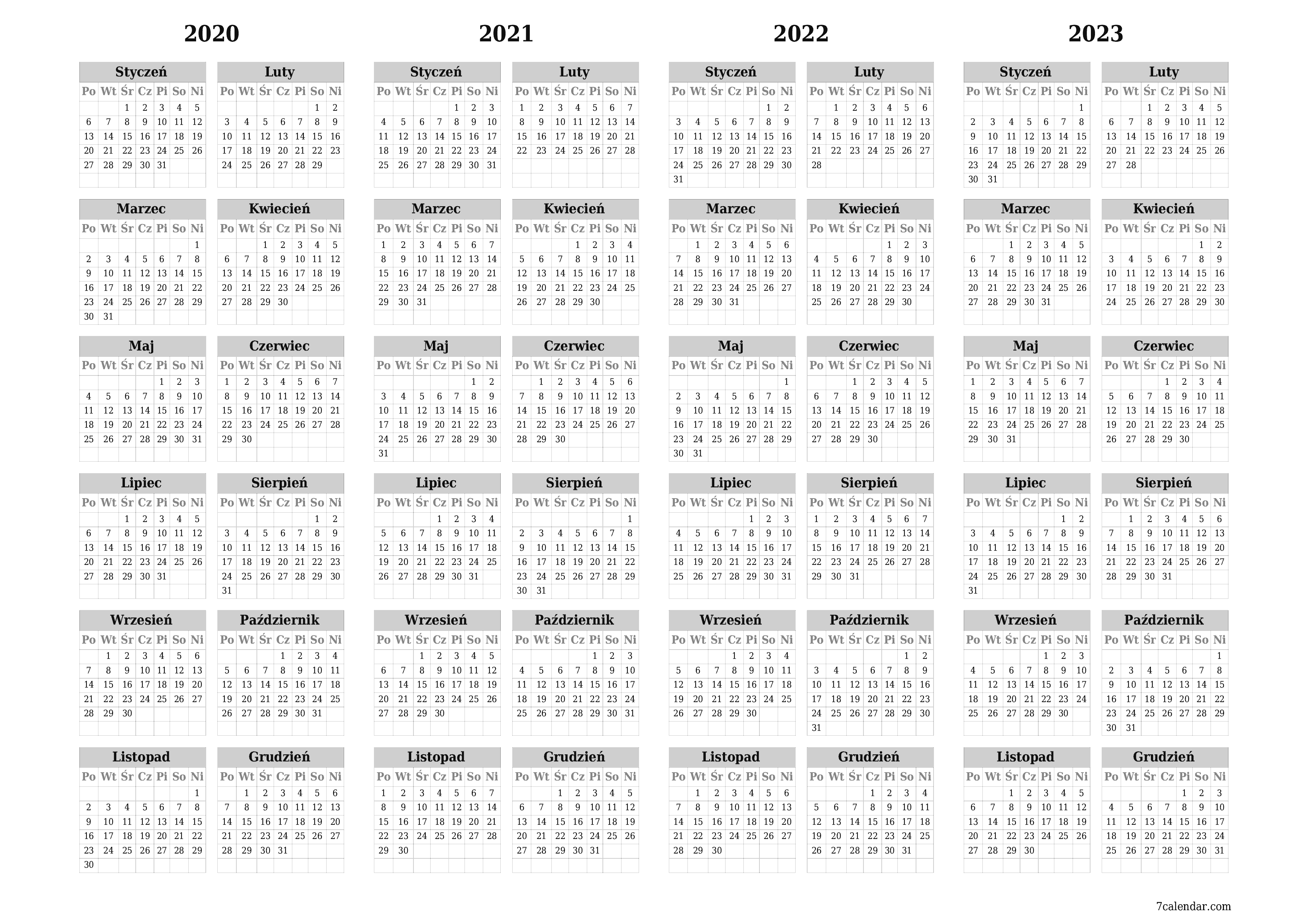 Opróżnij kalendarz rocznego planowania na rok 2020, 2021, 2022, 2023 z notatkami, zapisz i wydrukuj w formacie PDF PNG Polish