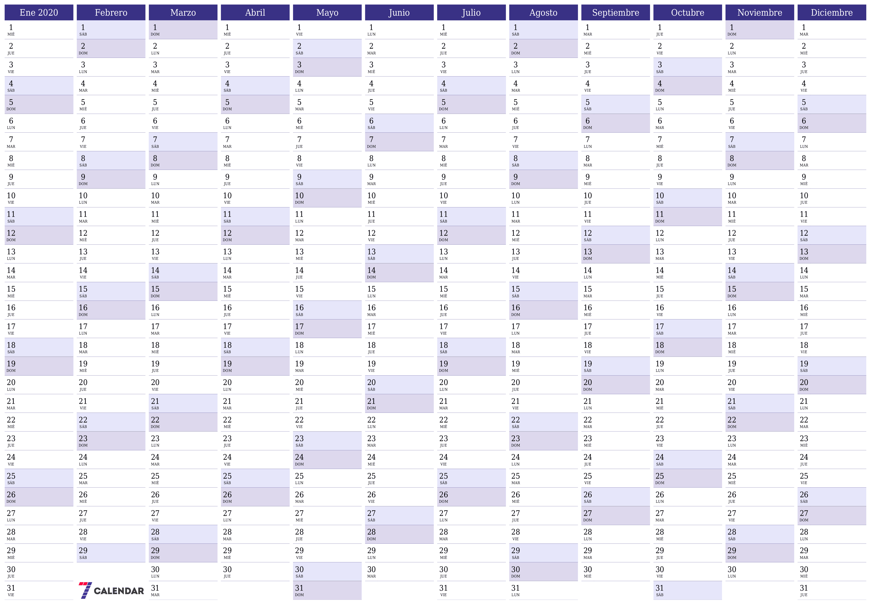 Calendario planificador anual vacío para el año 2020 con notas, guardar e imprimir en PDF PNG Spanish