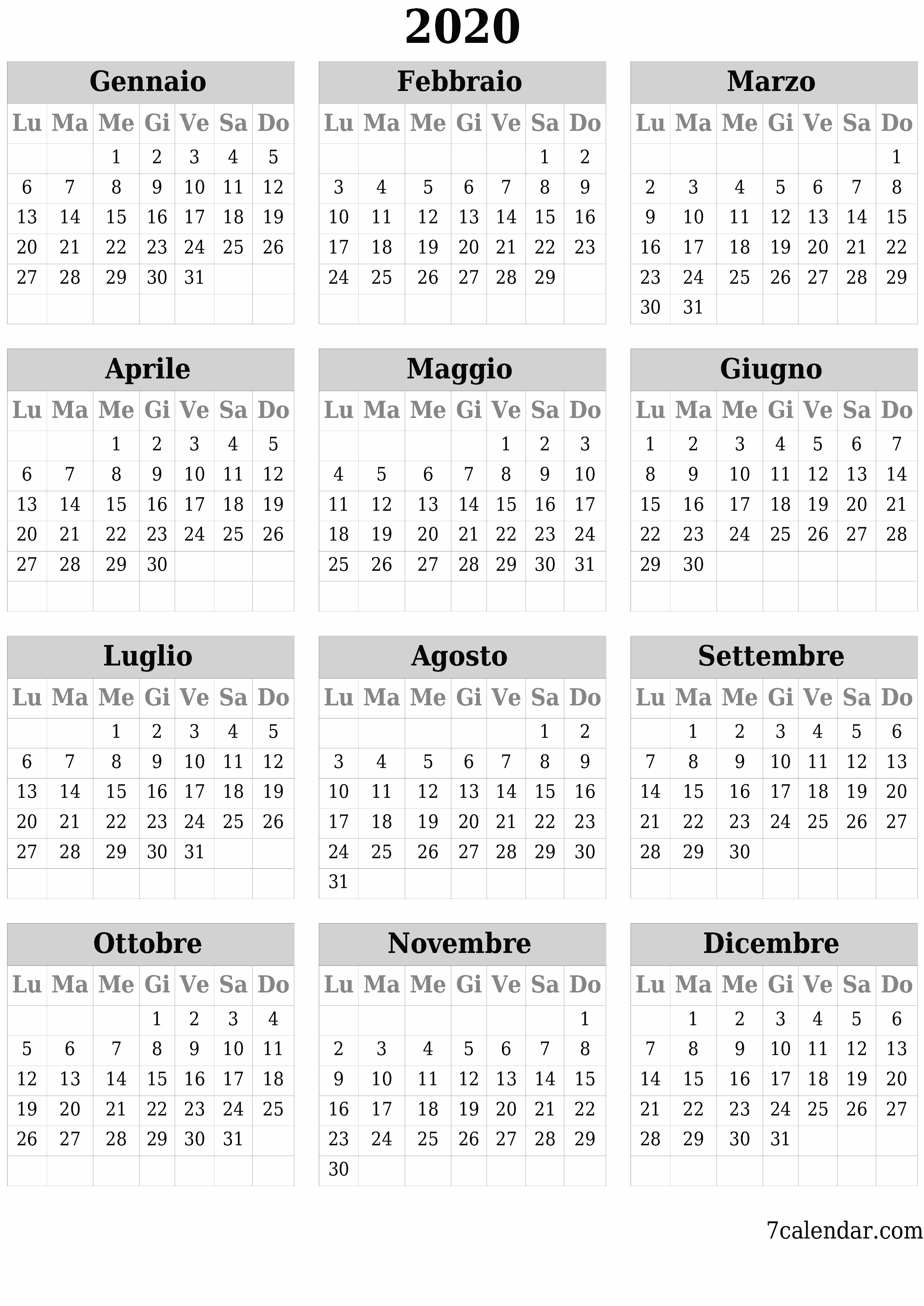 Calendario pianificatore annuale vuoto per l'anno 2020 con note, salva e stampa in PDF PNG Italian