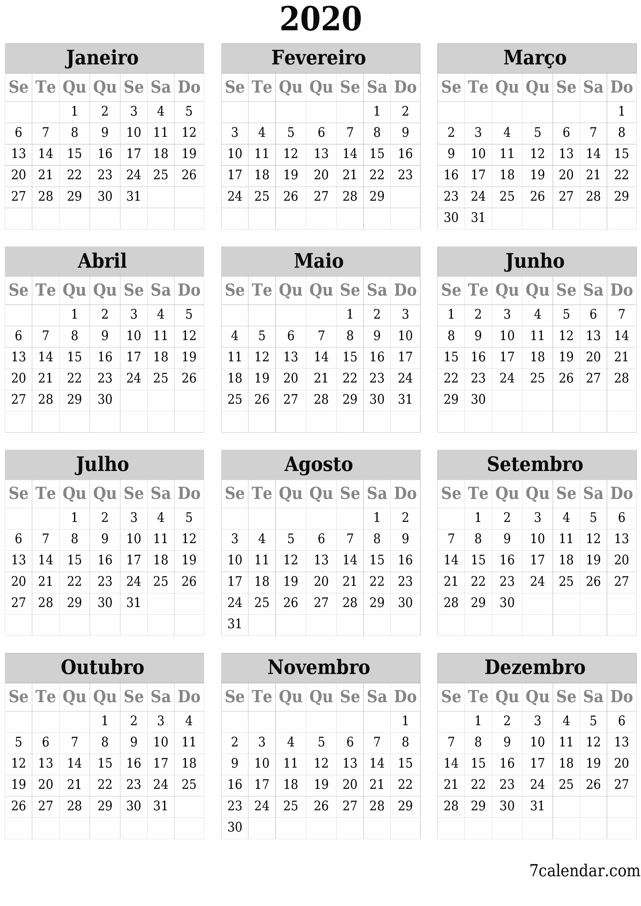 Calendário de planejador anual vazio para o ano 2020 com notas, salve e imprima em PDF PNG Portuguese