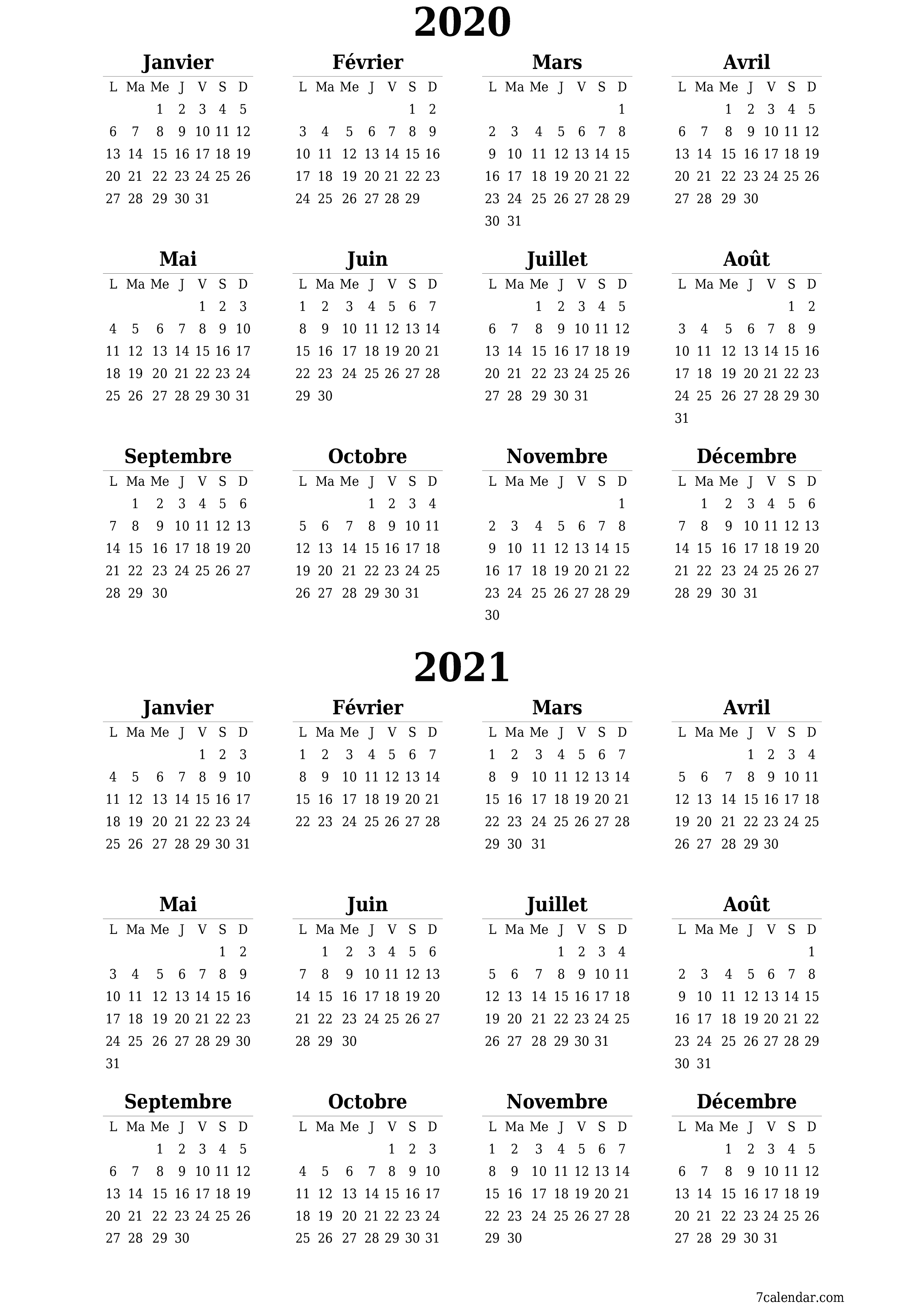 Calendrier annuel vide pour l'année 2020, 2021 avec notes, enregistrer et imprimer au format PDF PNG French
