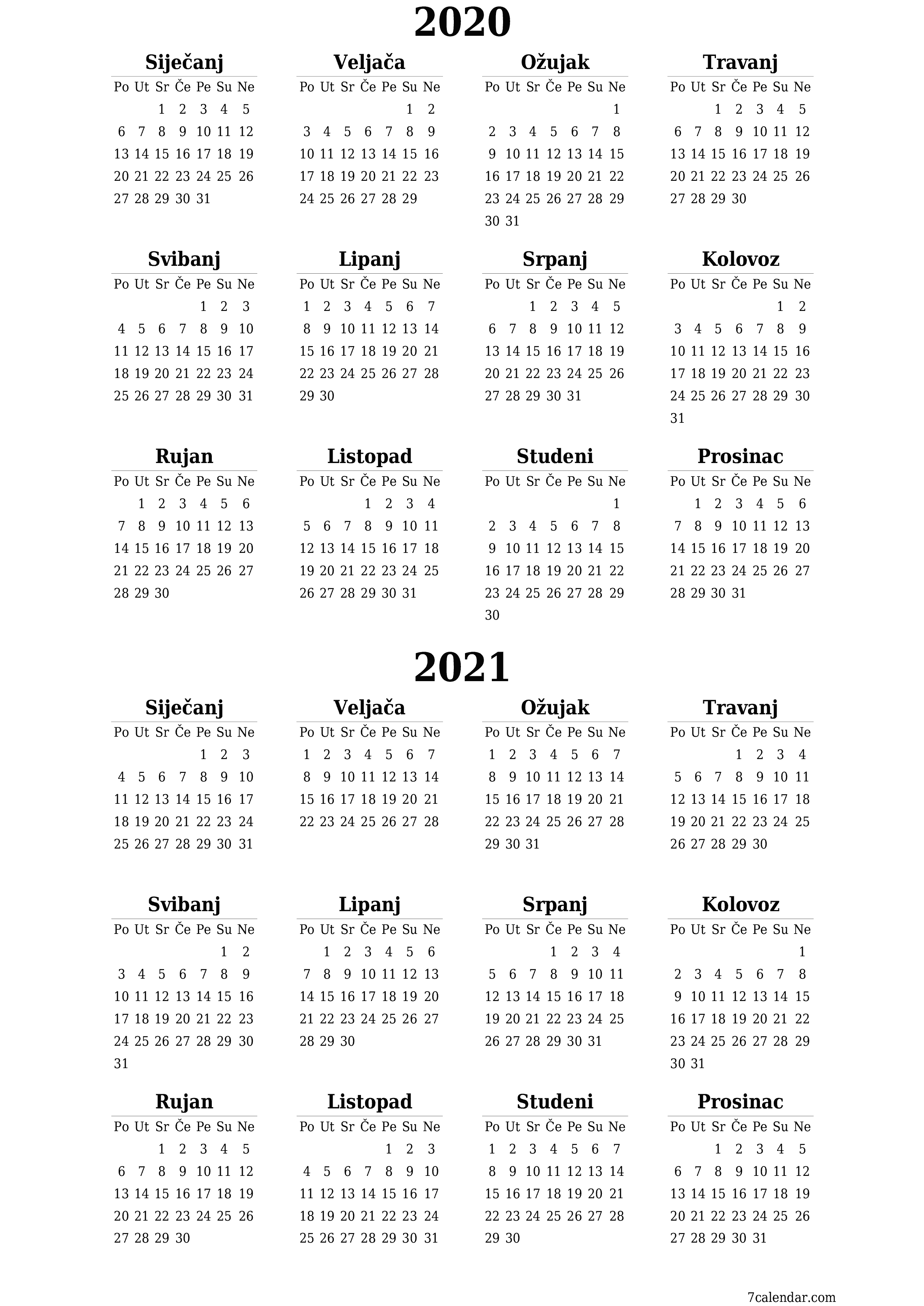 Ispraznite godišnji kalendar planera za godinu 2020, 2021 s bilješkama, spremite i ispišite u PDF PNG Croatian