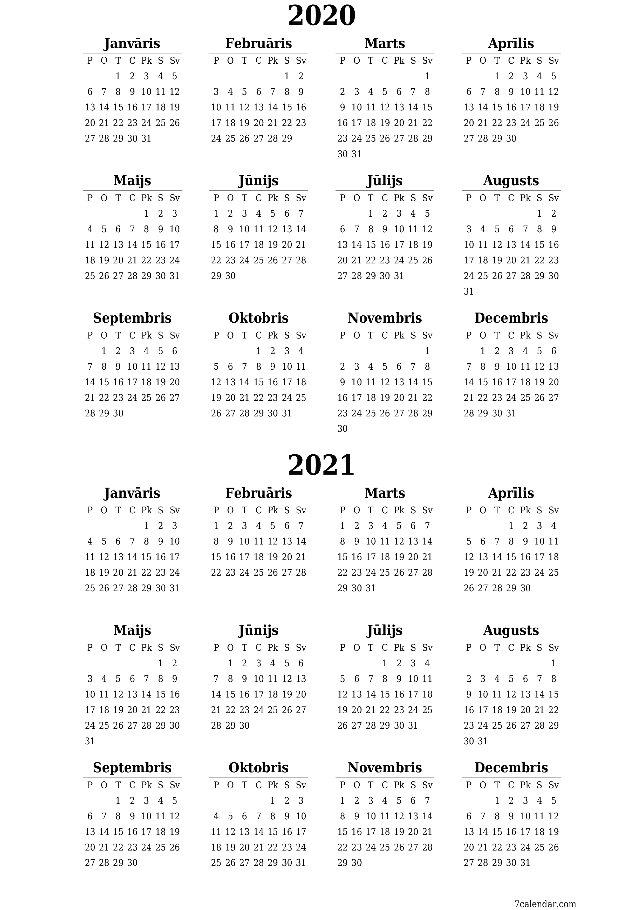 Tukšs gada plānotāja kalendārs gadam 2020, 2021 ar piezīmēm, saglabāšana un izdrukāšana PDF formātā PNG Latvian