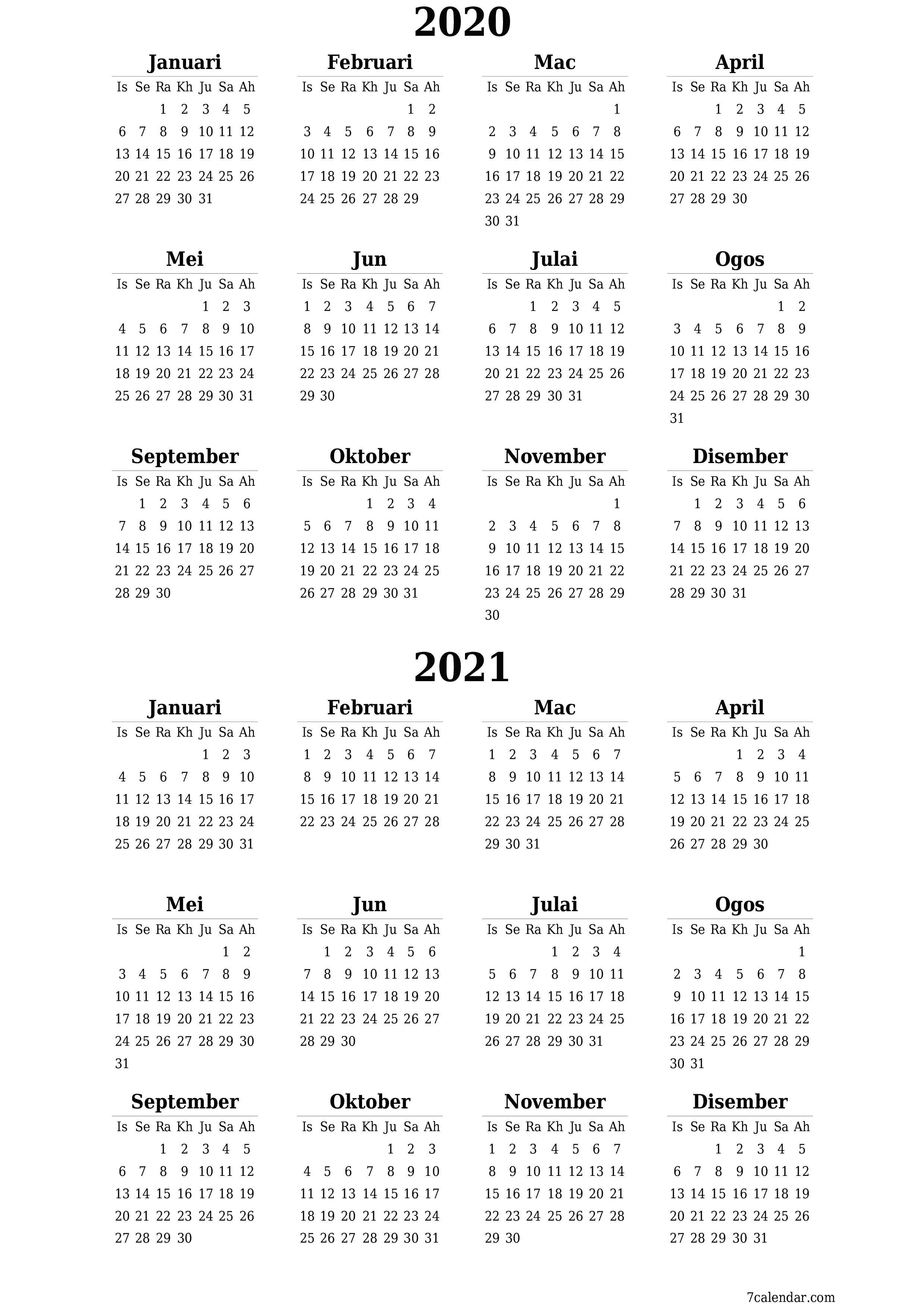 Kalendar perancang tahunan kosong untuk tahun ini 2020, 2021 dengan nota, simpan dan cetak ke PDF PNG Malay
