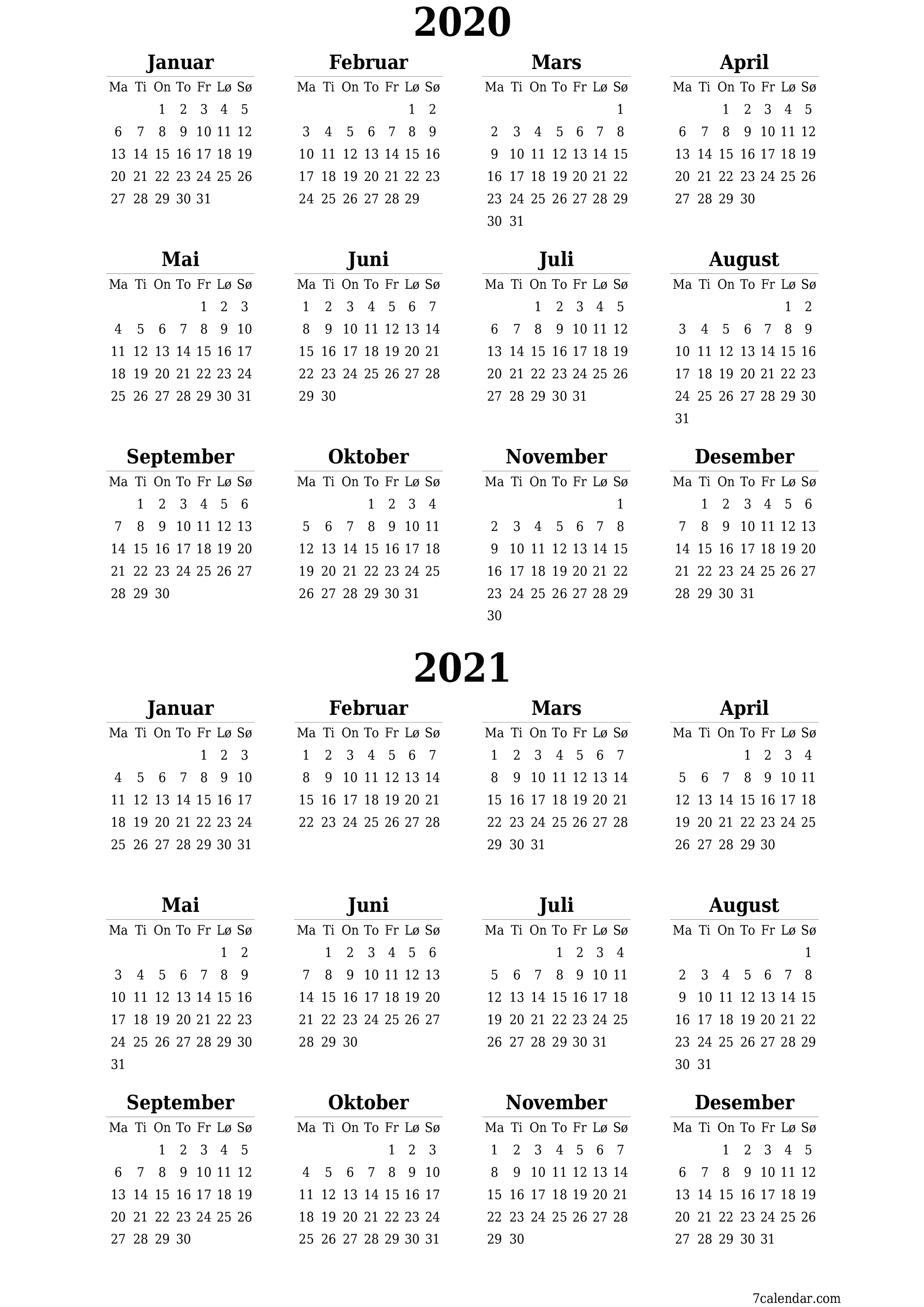 Tom årlig planleggerkalender for året 2020, 2021 med notater, lagre og skrive ut i PDF PNG Norwegian