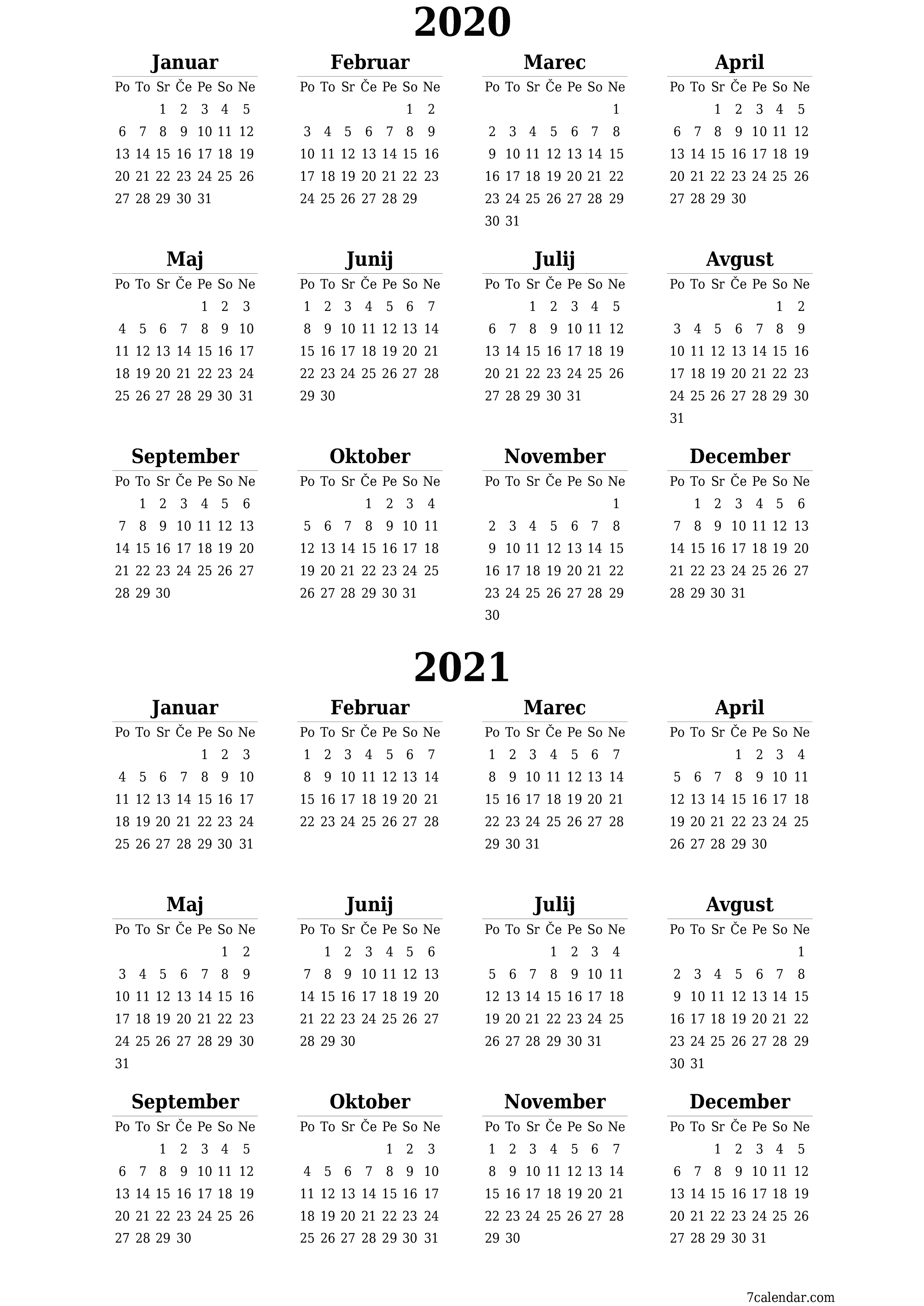 Prazen letni načrtovalec koledarja za leto 2020, 2021 z opombami za tiskanje v PDF-ju PNG Slovenian