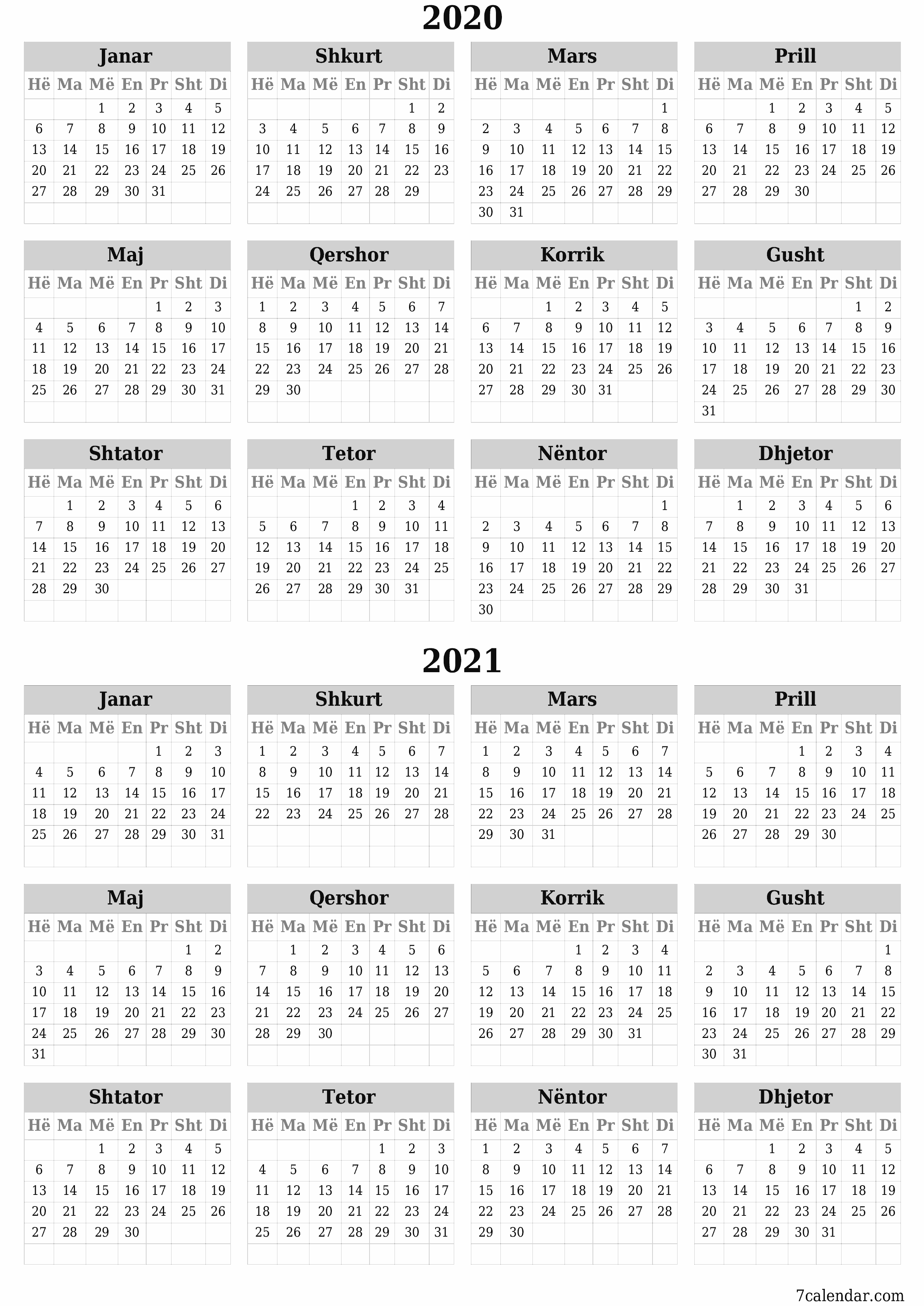 Planifikuesi bosh i kalendarit vjetor për vitin 2020, 2021 me shënime, ruani dhe printoni në PDF PNG Albanian