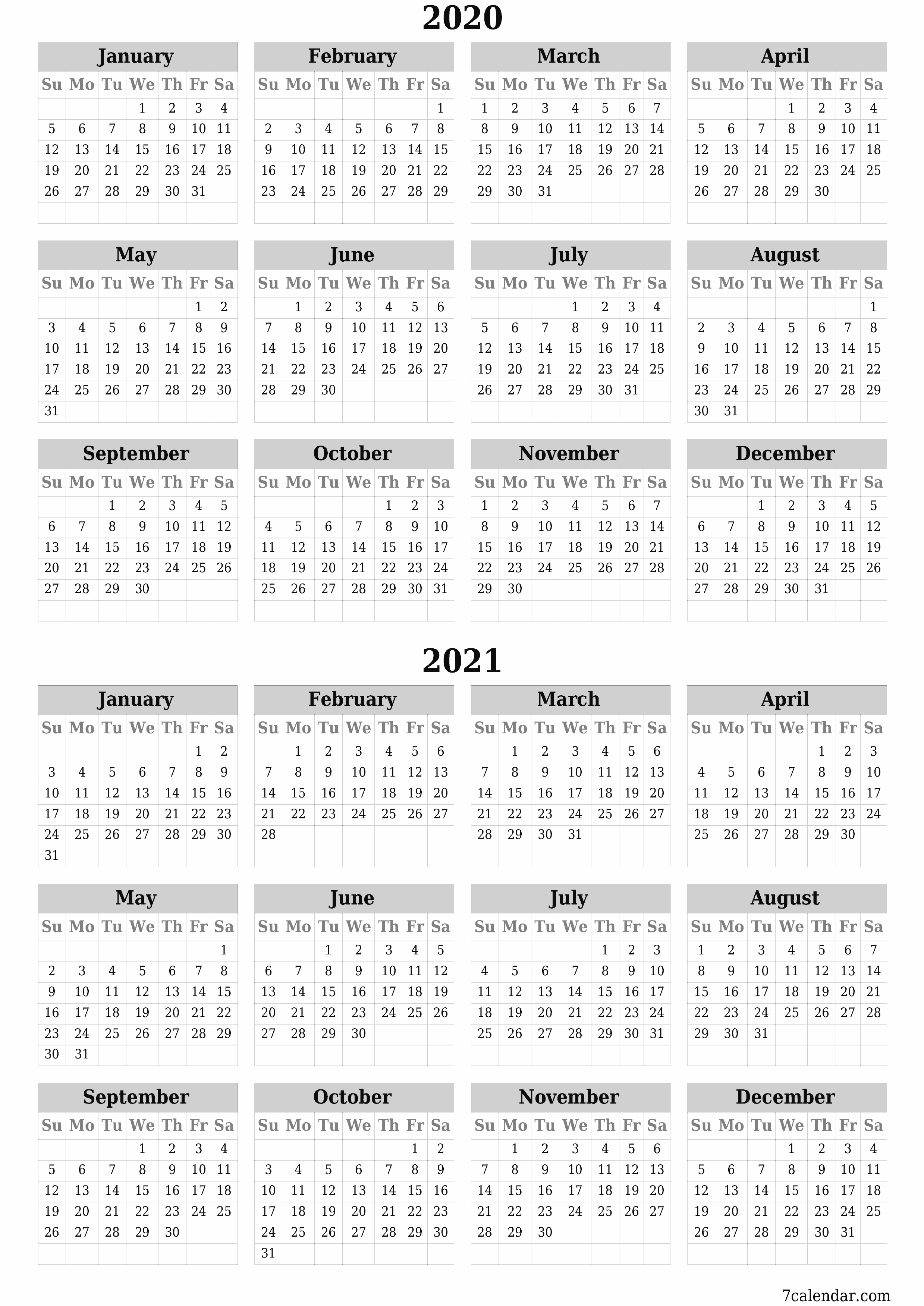 printable wall template free vertical Yearly calendar March (Mar) 2020