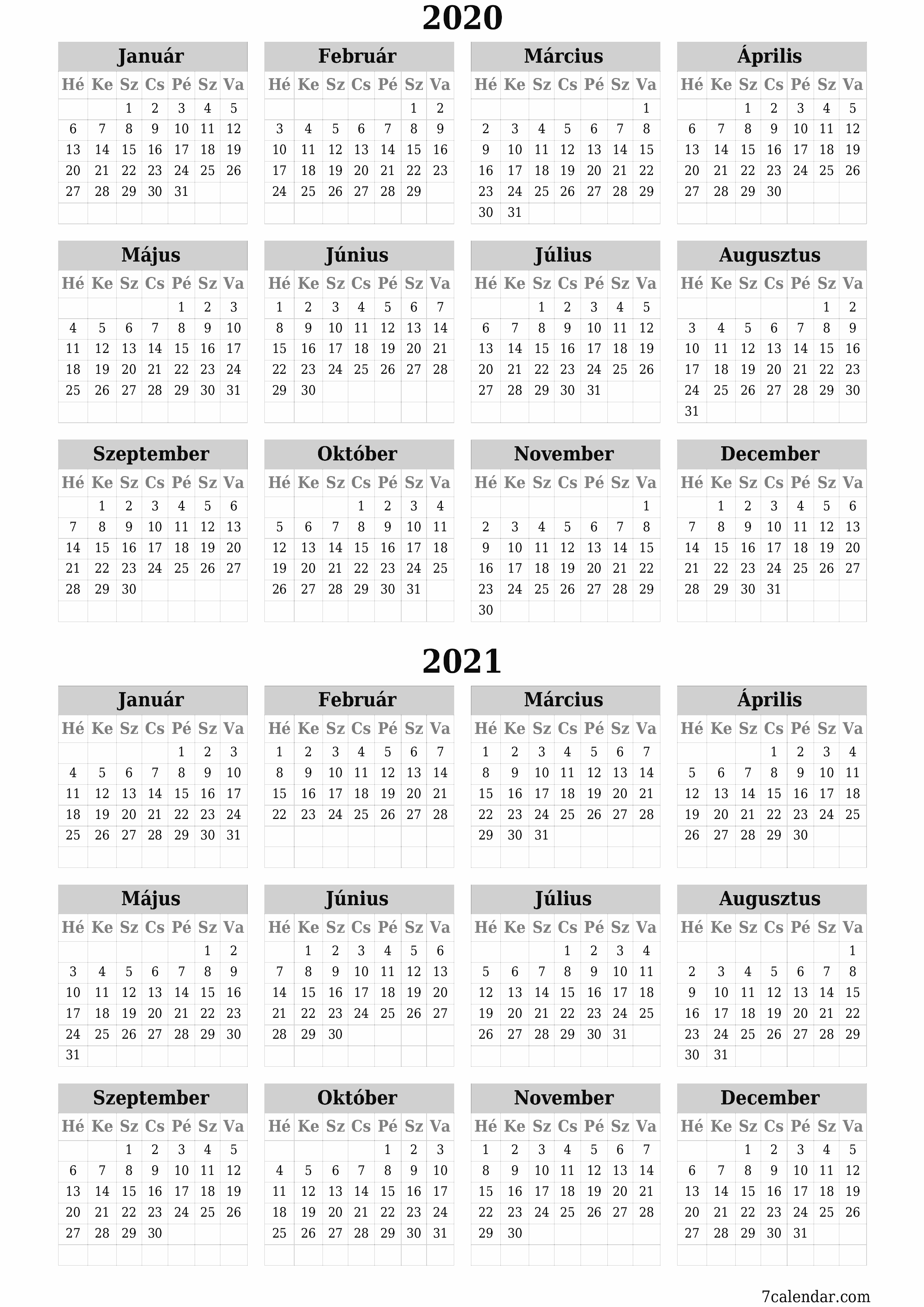 Üres éves tervezői naptár az évre 2020, 2021 jegyzetekkel, mentés és nyomtatás PDF-be PNG Hungarian