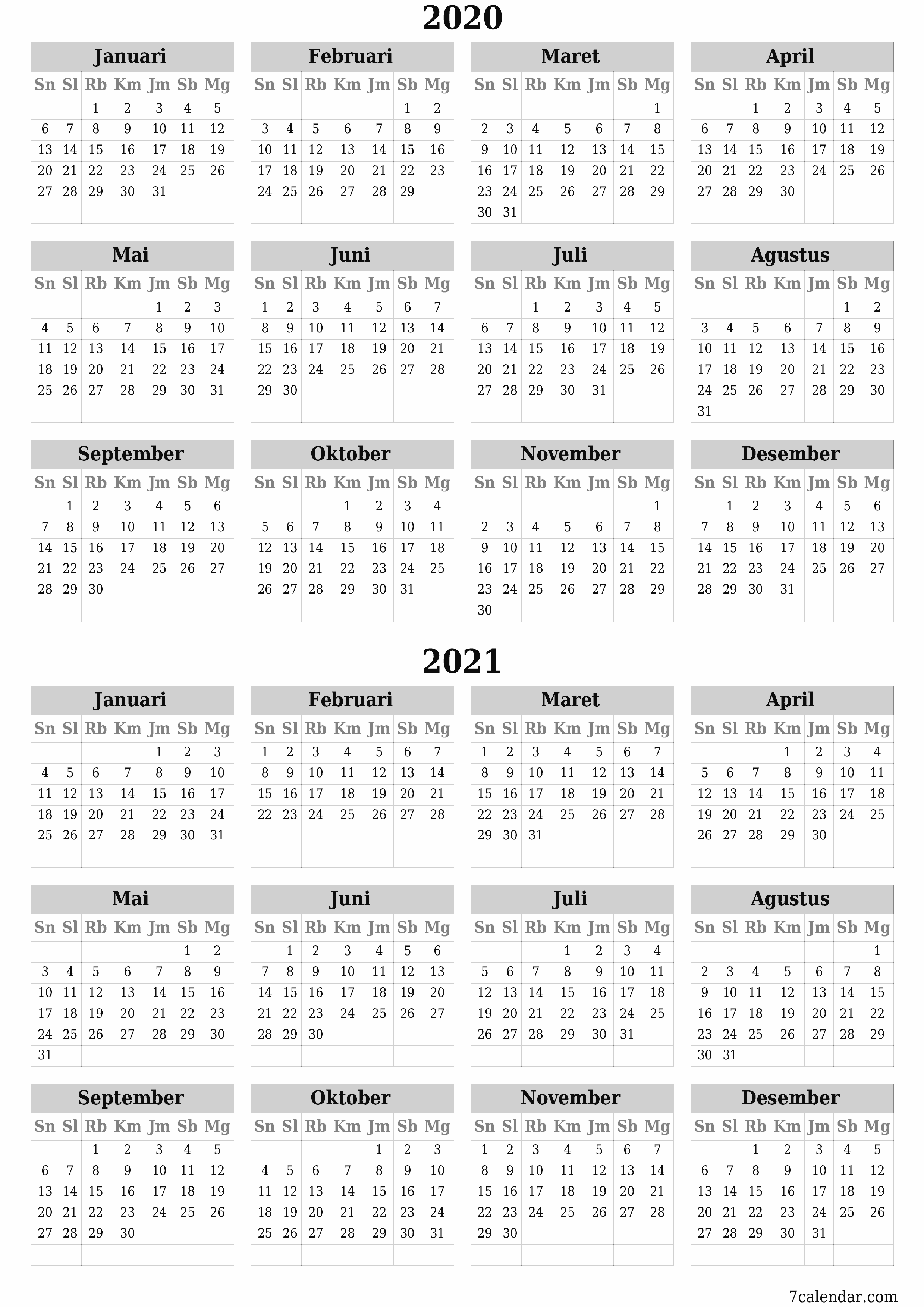 Kosongkan kalender perencana tahunan untuk tahun ini 2020, 2021 dengan catatan, simpan dan cetak ke PDF PNG Indonesian