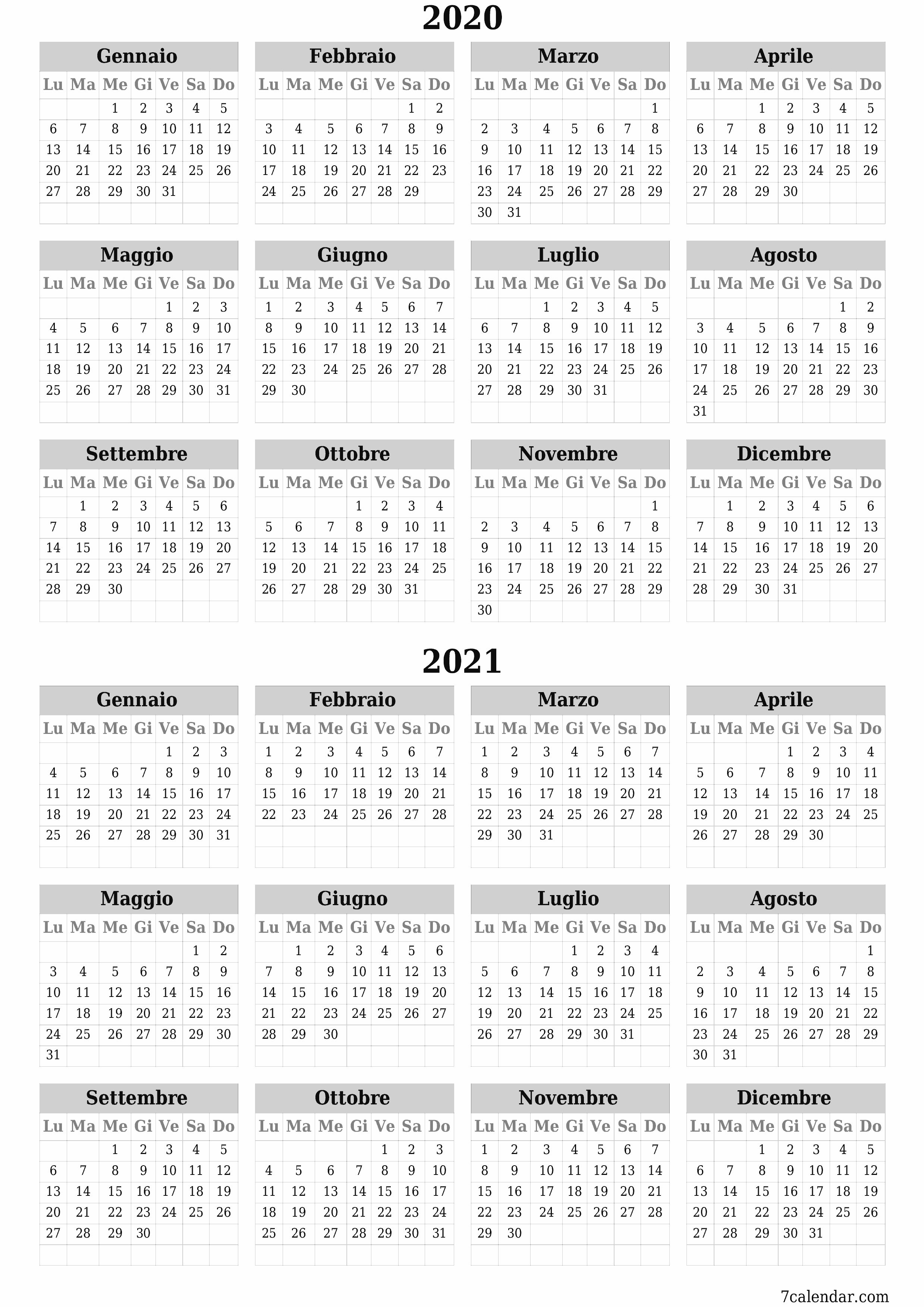 Calendario pianificatore annuale vuoto per l'anno 2020, 2021 con note, salva e stampa in PDF PNG Italian