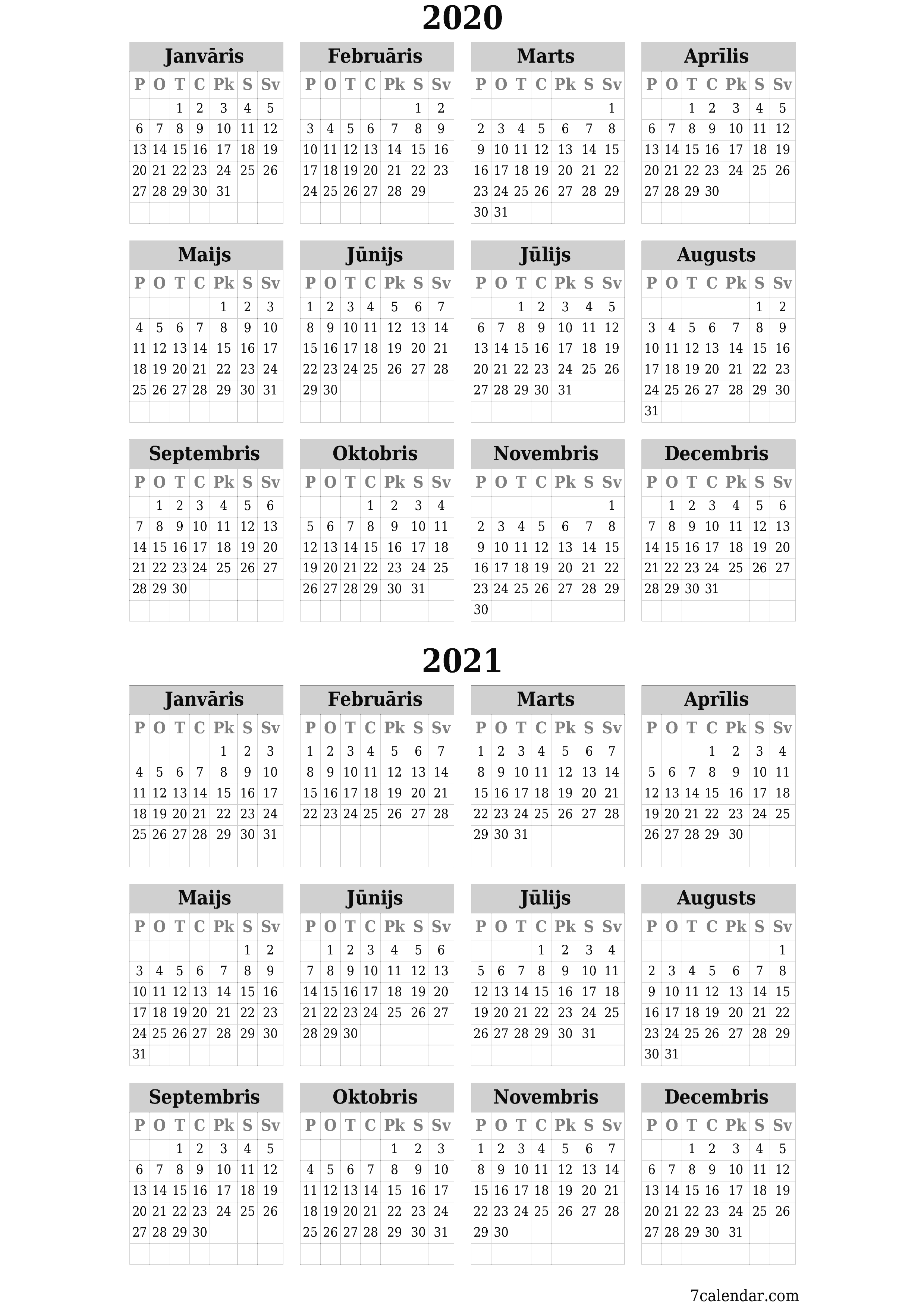 Tukšs gada plānotāja kalendārs gadam 2020, 2021 ar piezīmēm, saglabāšana un izdrukāšana PDF formātā PNG Latvian