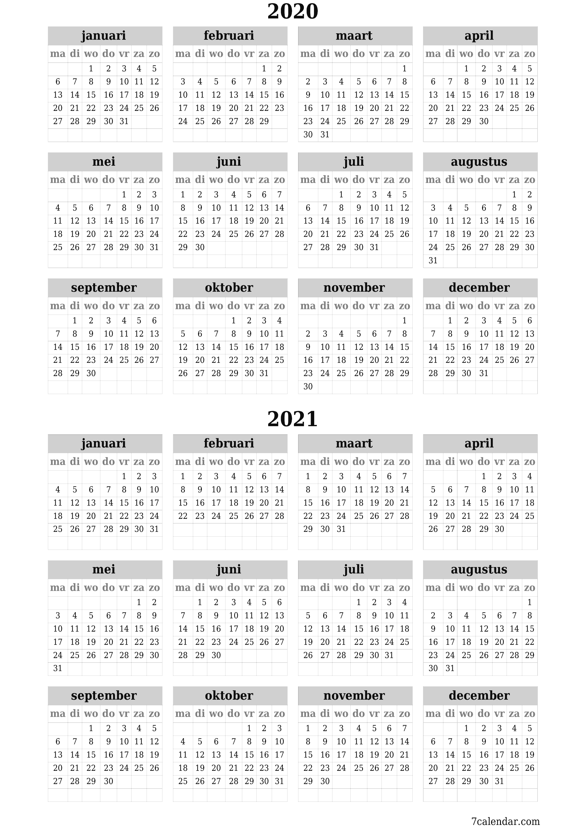 Lege jaarplanningskalender voor het jaar 2020, 2021 met notities, opslaan en afdrukken naar pdf PNG Dutch