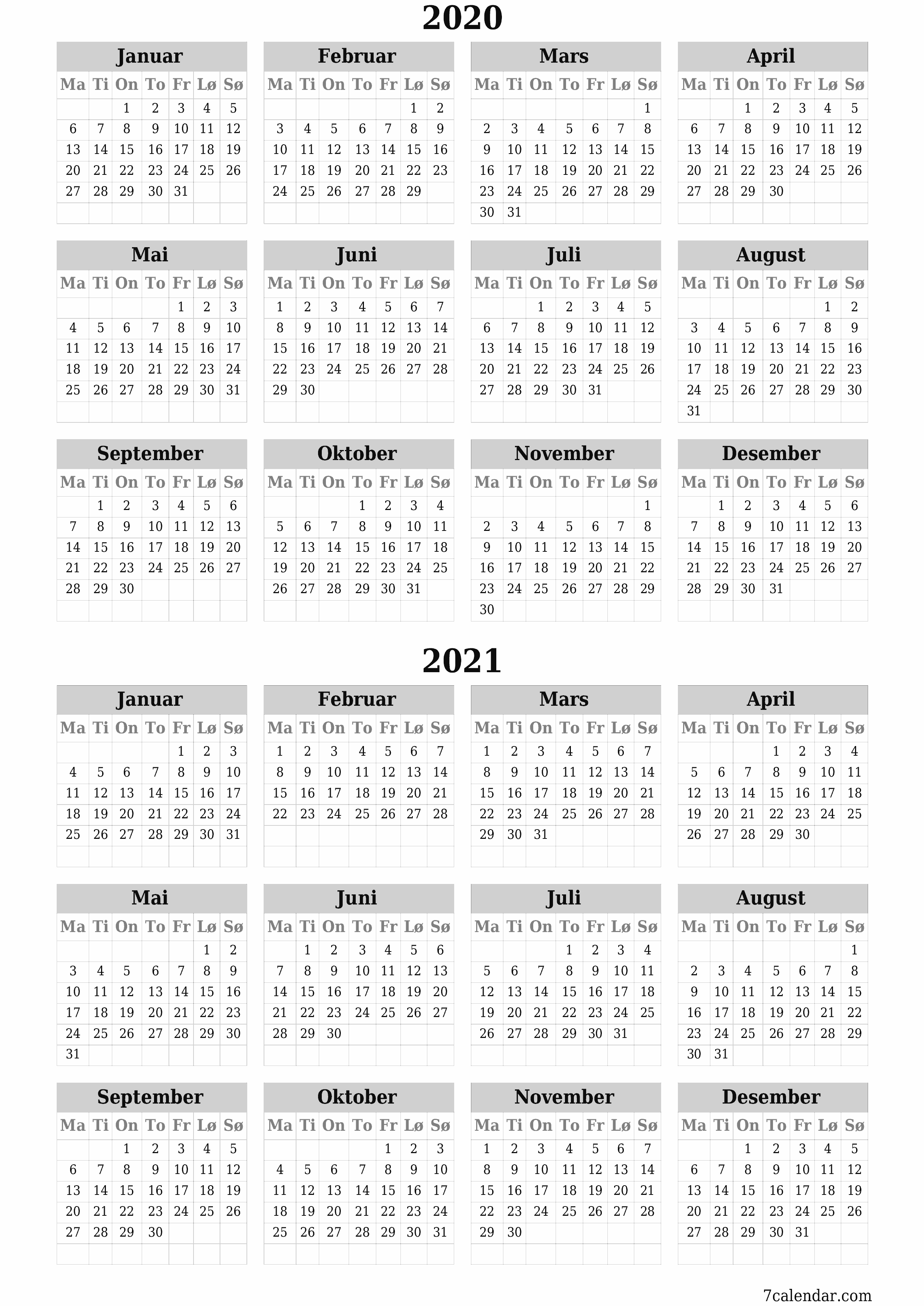 Tom årlig planleggerkalender for året 2020, 2021 med notater, lagre og skrive ut i PDF PNG Norwegian